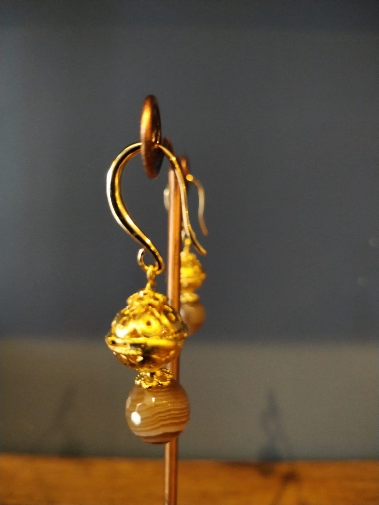 Striped Agate & Gold Drop Earrings