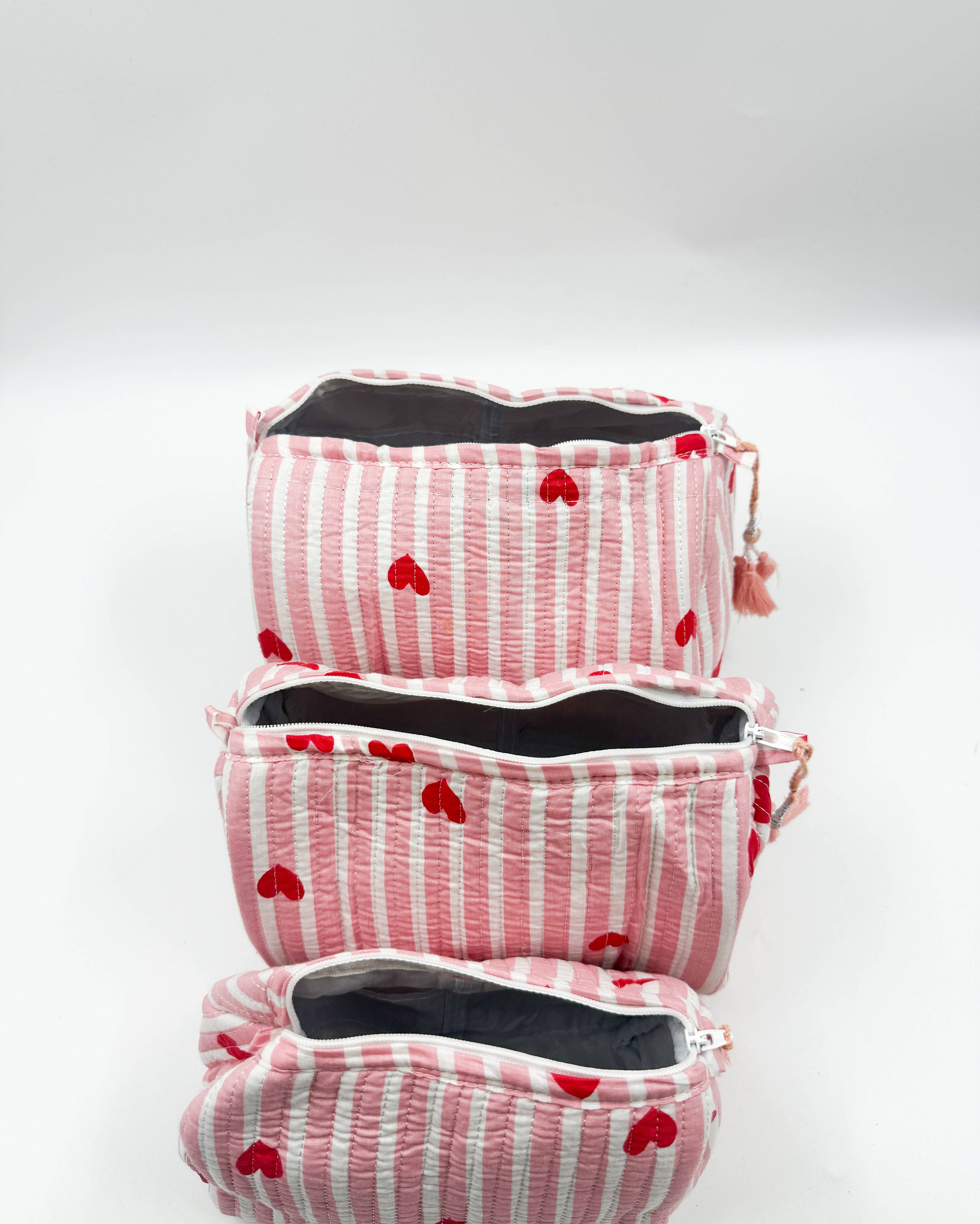 Set of Three Quilted Wash Bags with Pink Stripe Heart Print