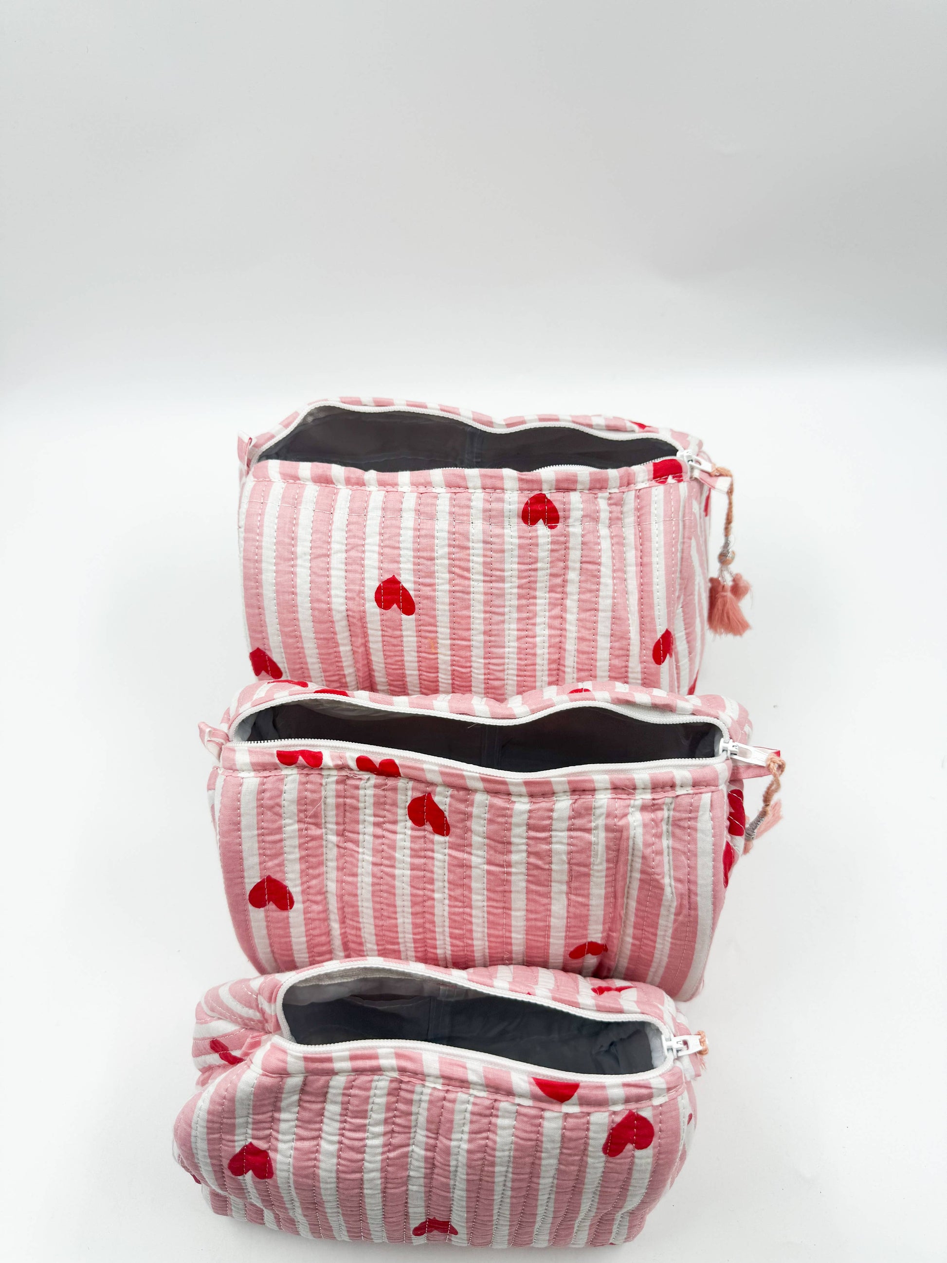 Set of Three Quilted Wash Bags with Pink Stripe Heart Print