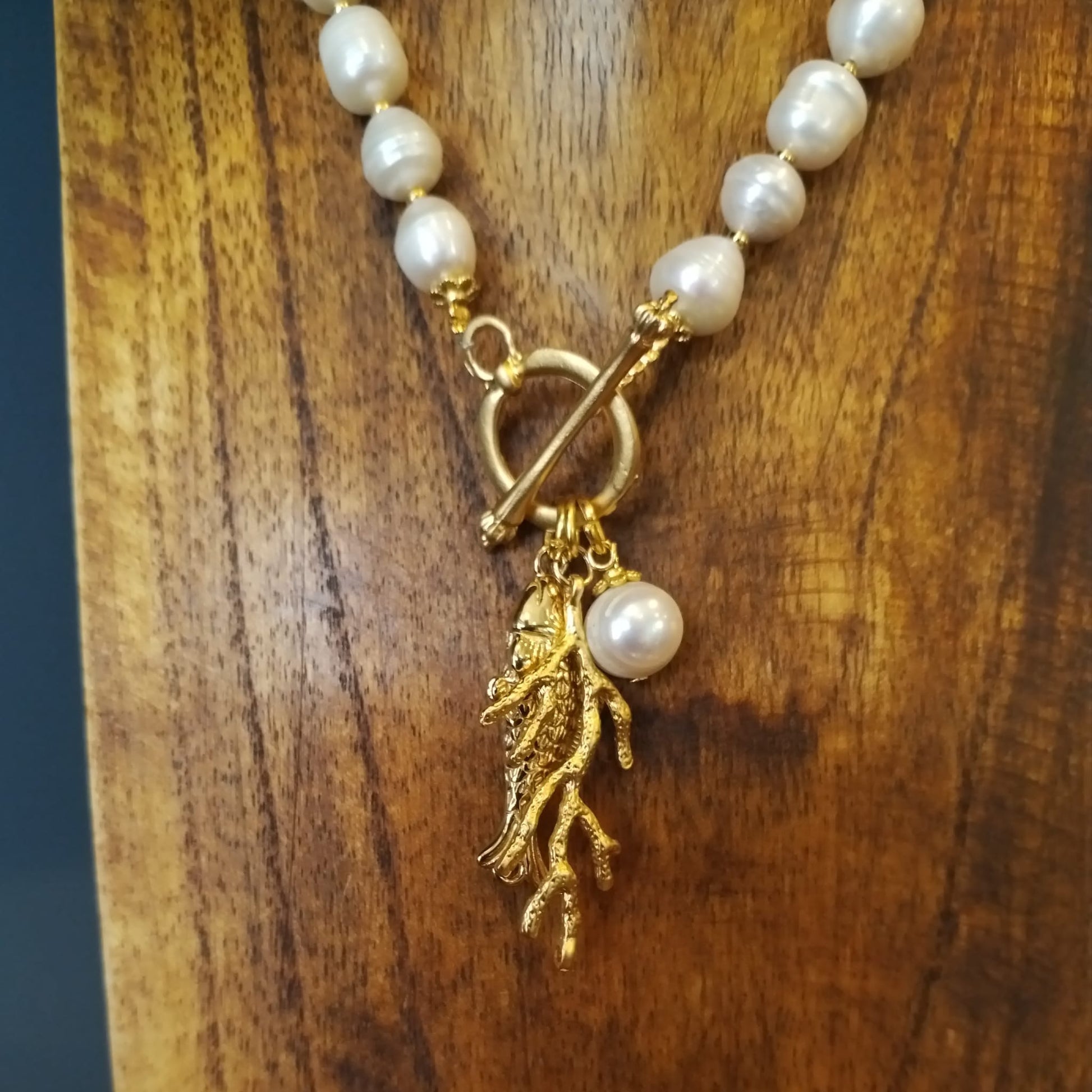 Freshwater Pearl Necklace with Gold Coral and Fish Charm 42cm