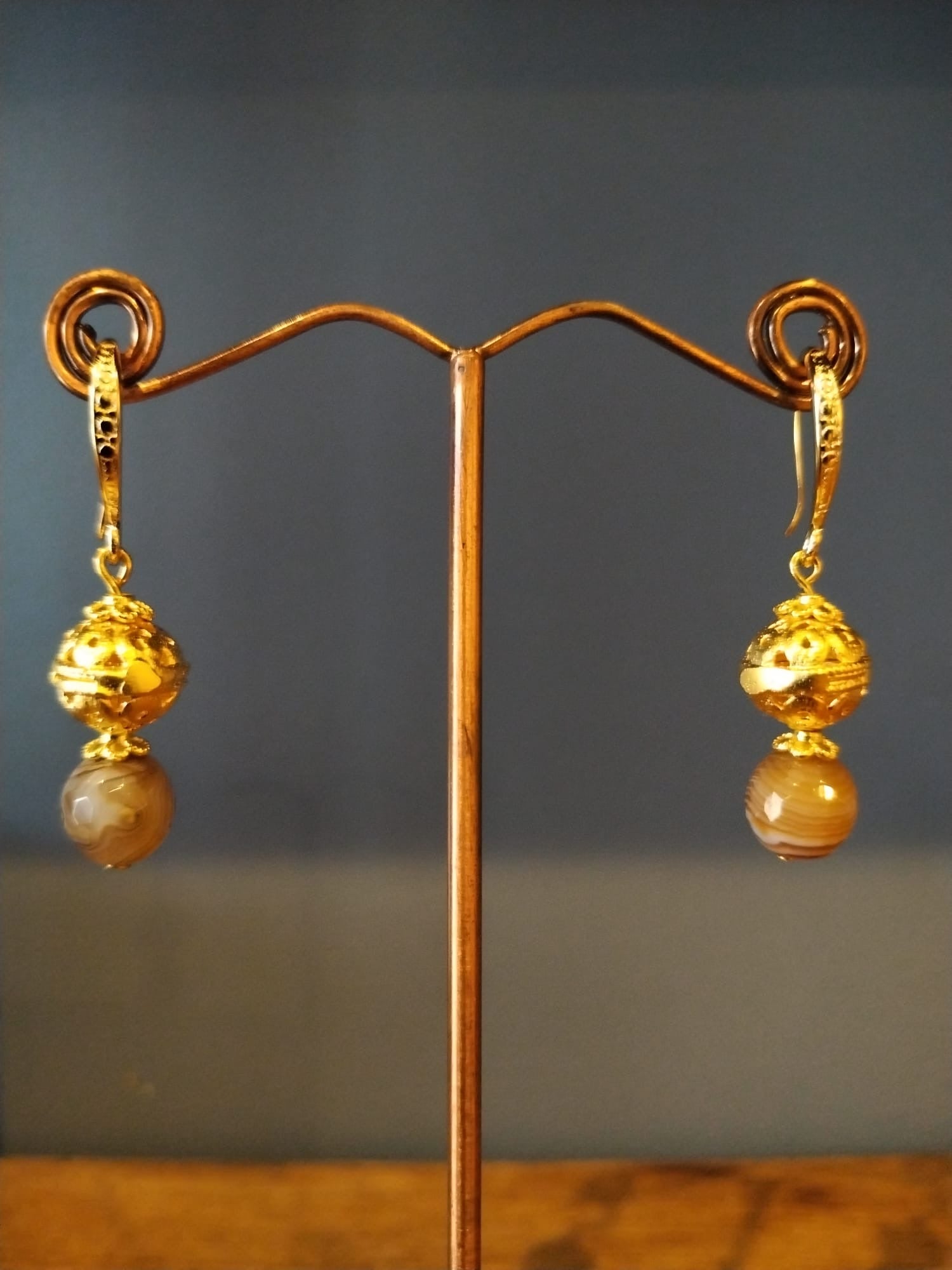 Striped Agate & Gold Drop Earrings