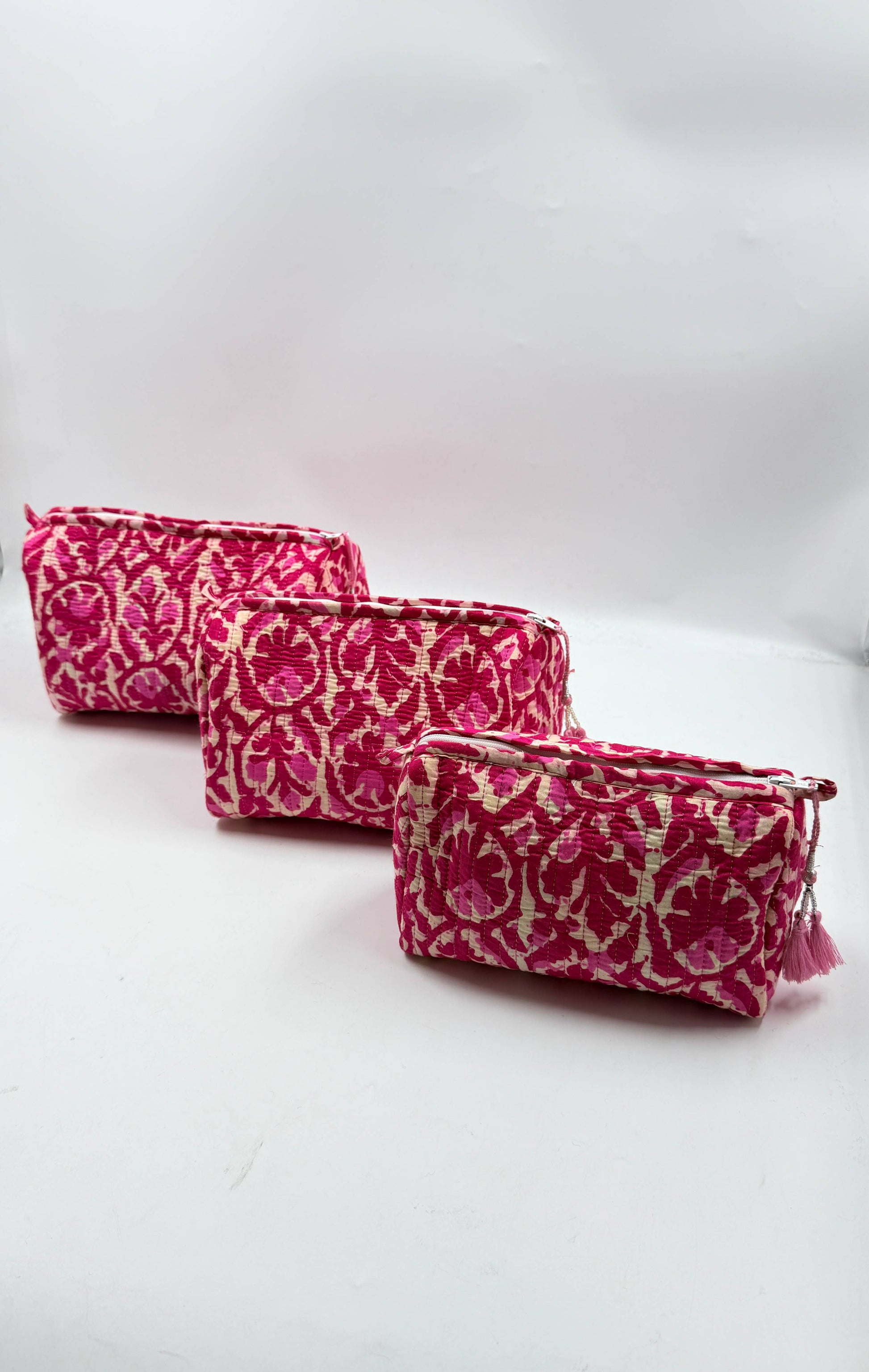 Cerise Pink Cotton Quilted Wash Bags – Set of 3 Makeup & Travel Bags
