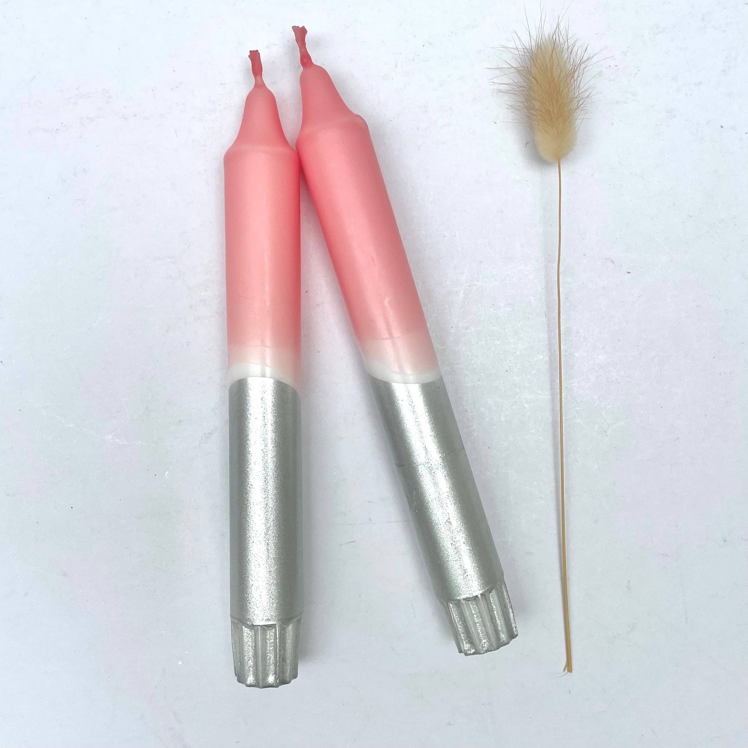 Sherbert Pink & Silver Dip Dyed Dinner Candles