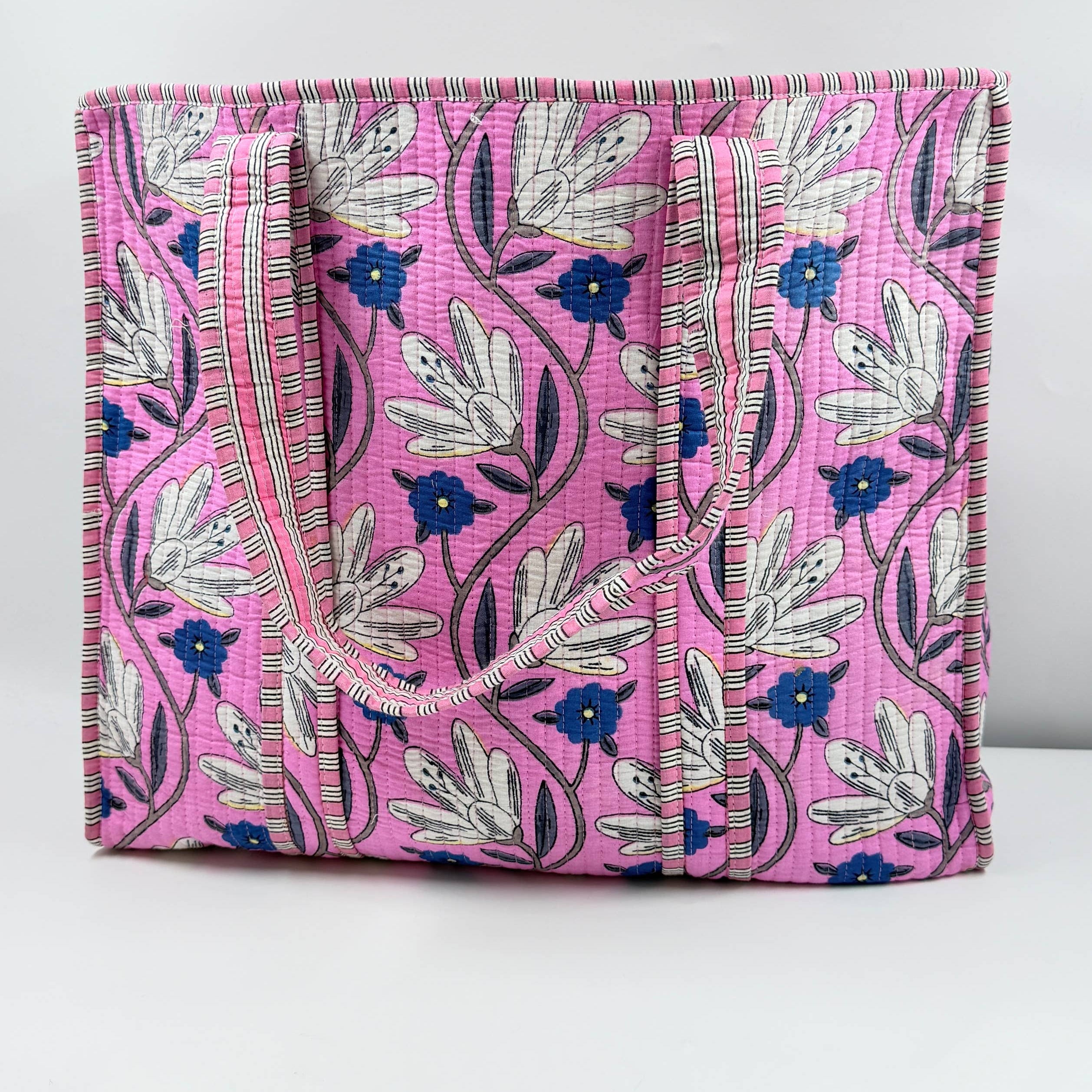 Pink Floral Cotton Quilted Tote Bag Block Printed