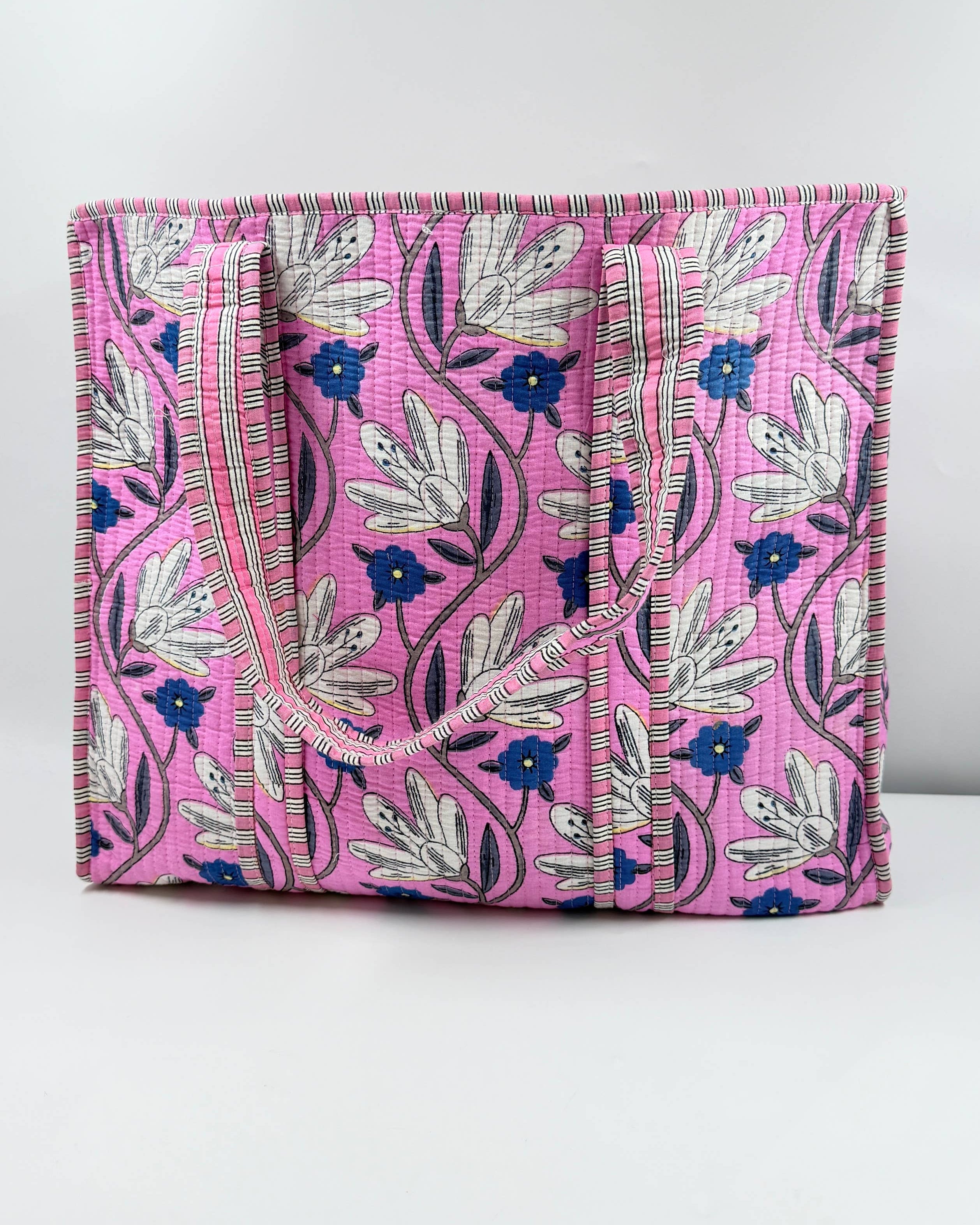 Pink Floral Cotton Quilted Tote Bag Block Printed