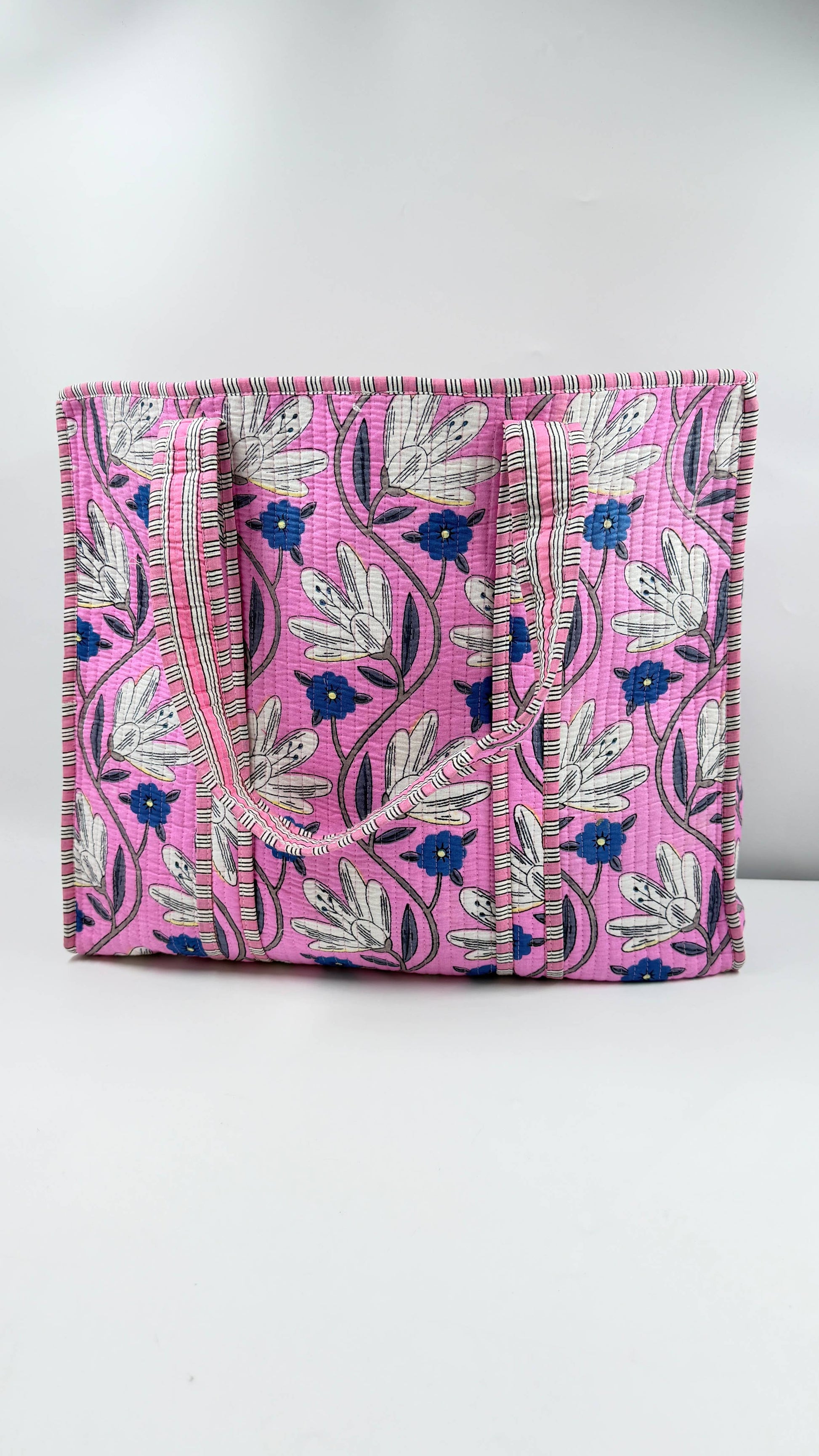 Pink Floral Cotton Quilted Tote Bag Block Printed