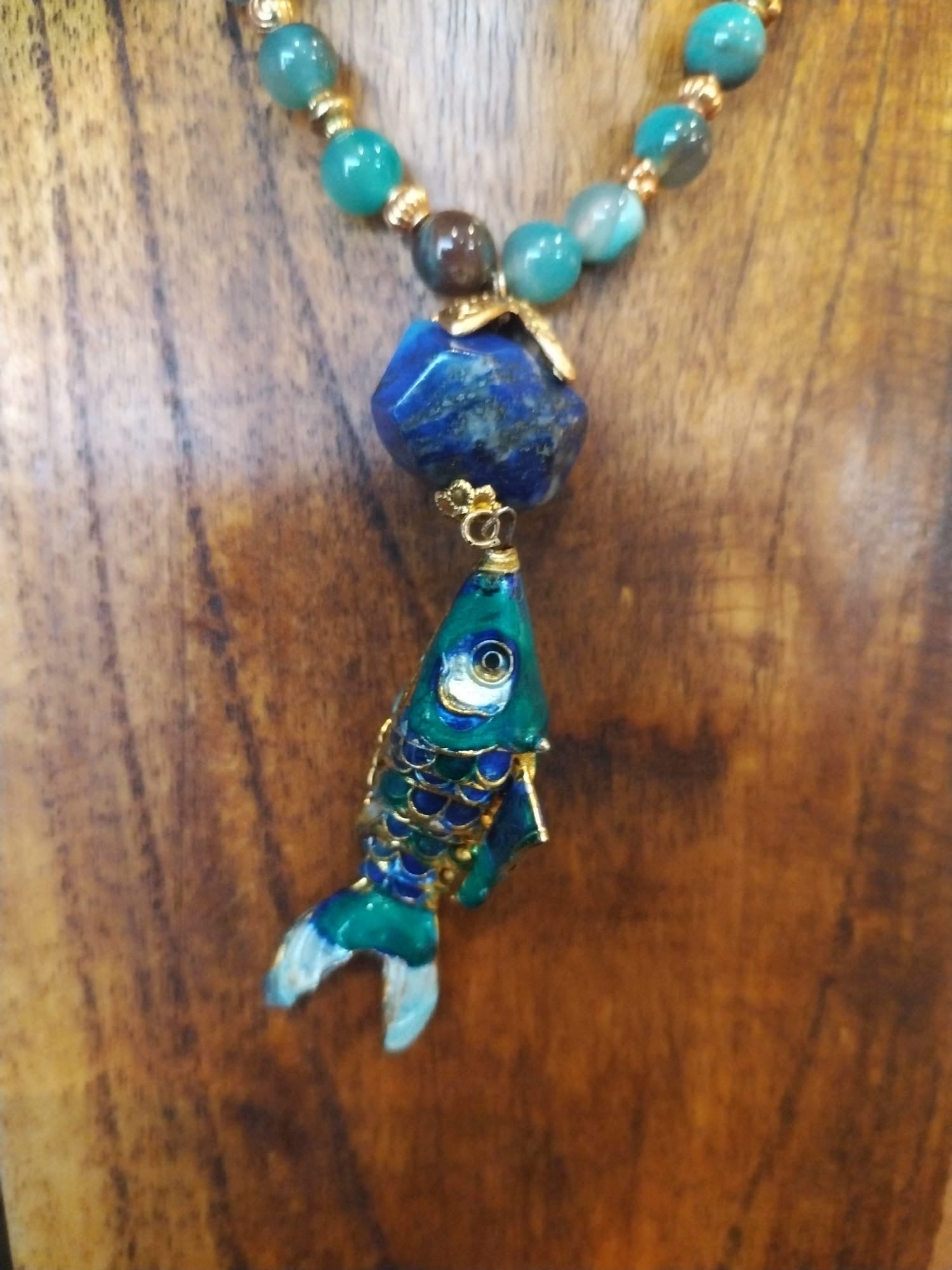 Long Lapis And Agate Bead Necklace With Enamel Fish Charm
