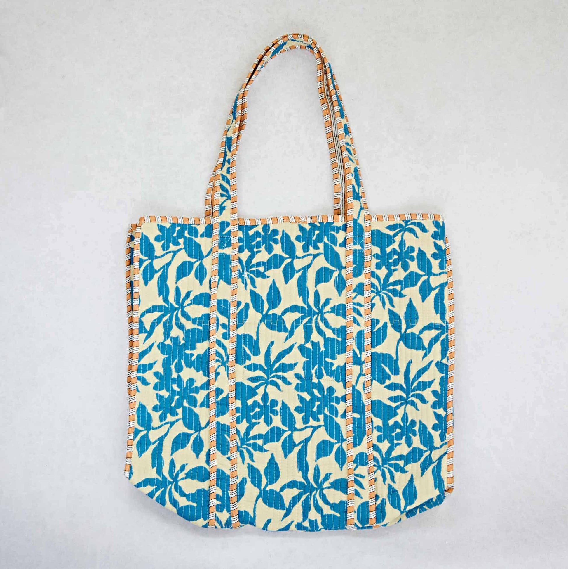 Blue Leaf Print Quilted Cotton Tote Bag