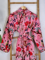 Pink velvet kimono robe with bird and flower print and sari lining