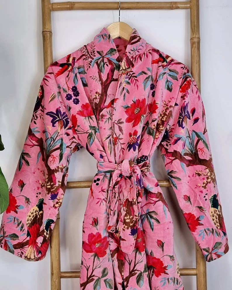 Pink velvet kimono robe with bird and flower print and sari lining