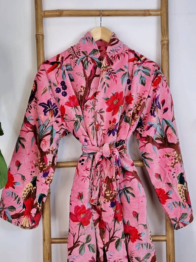 Pink velvet kimono robe with bird and flower print and sari lining