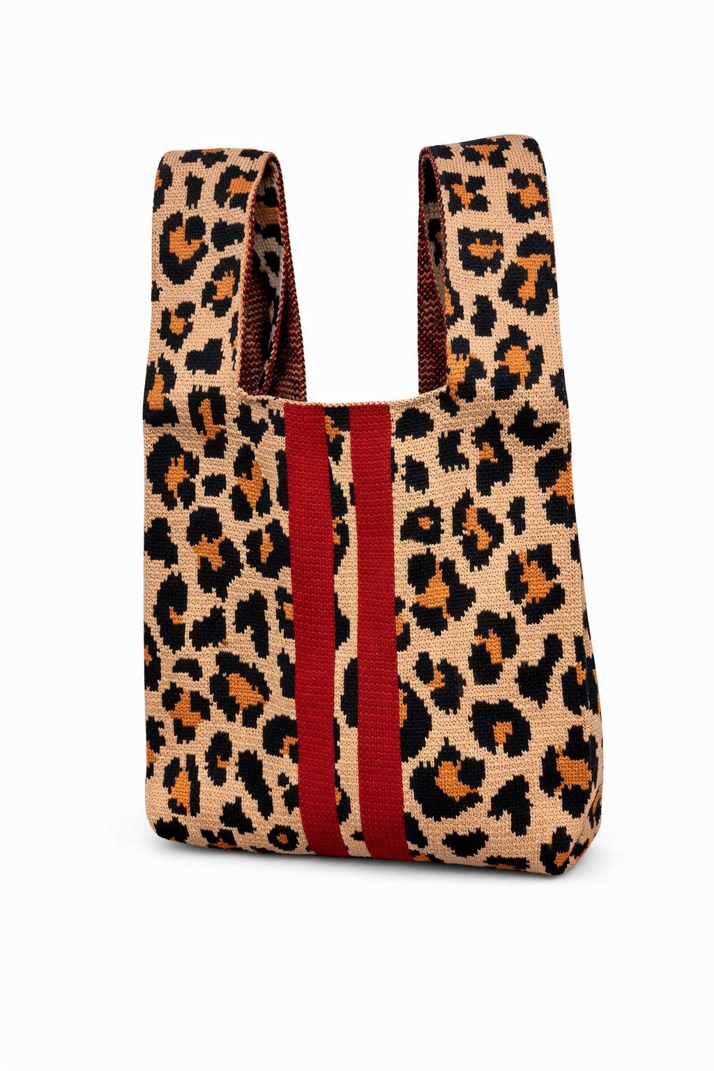 Leopard Print Knitted Knot Bag with Red Stripe Medium by Tokii