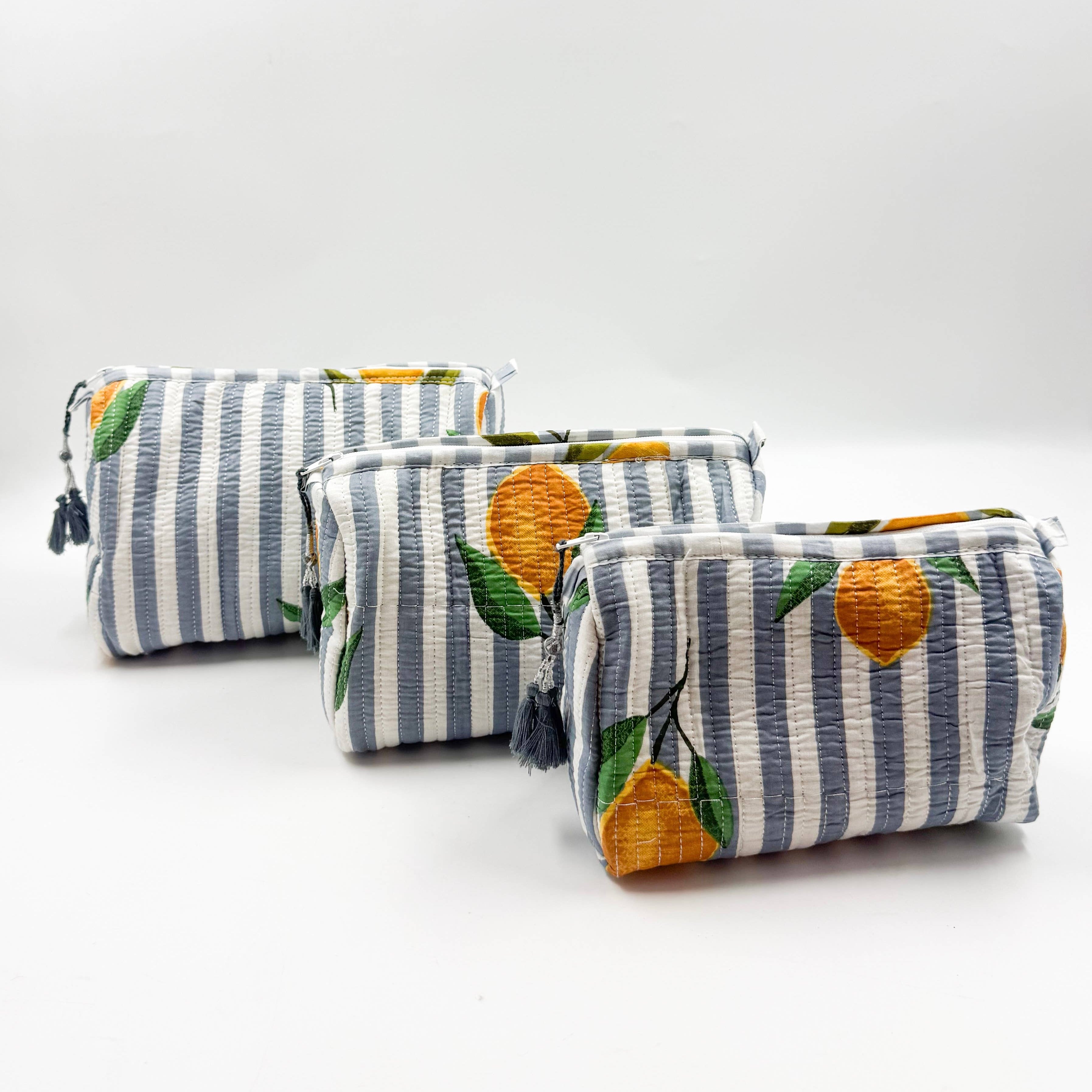 Set of Three Quilted Wash Bags with grey & white stripe with Lemon Print