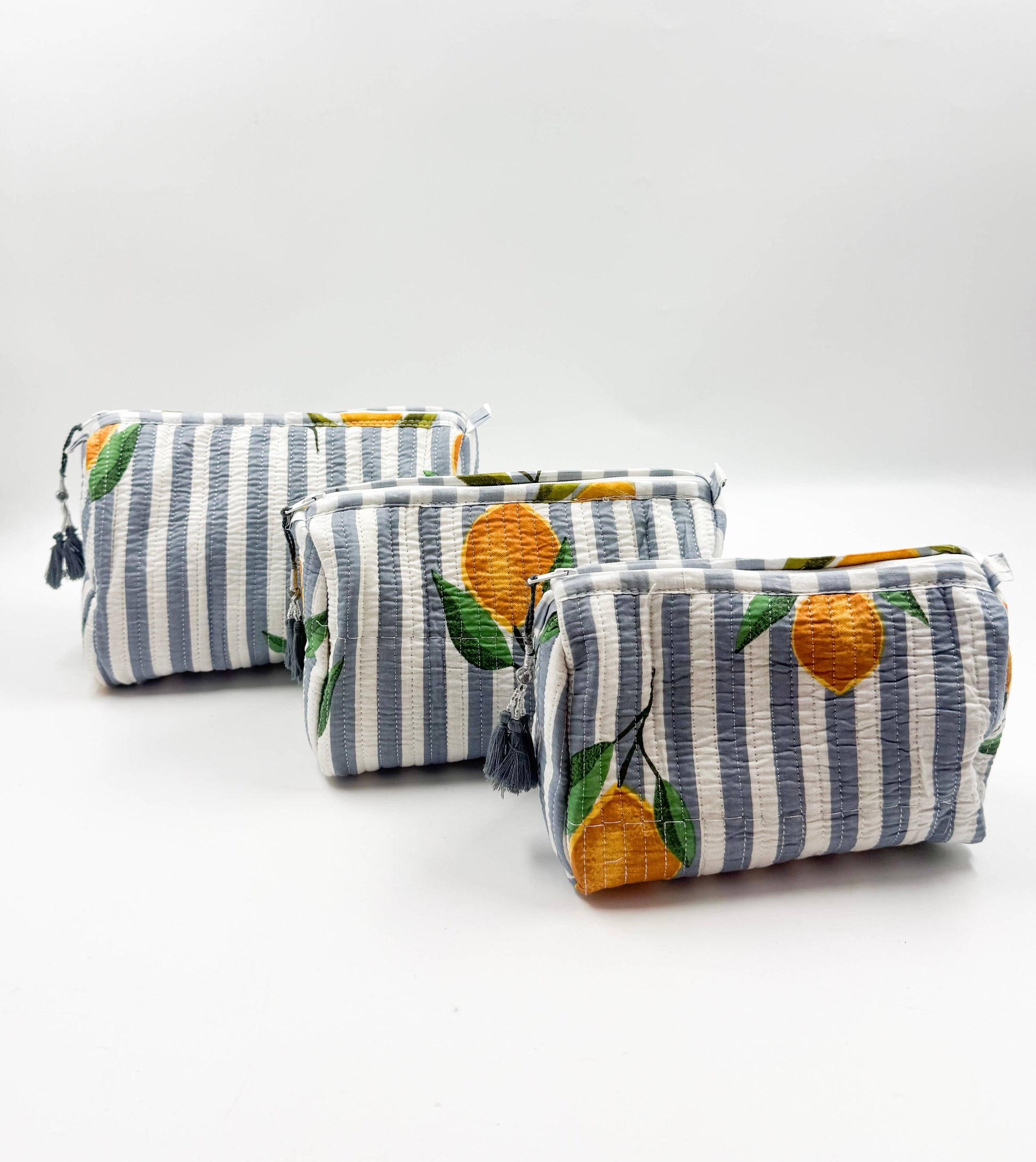 Set of Three Quilted Wash Bags with grey & white stripe with Lemon Print