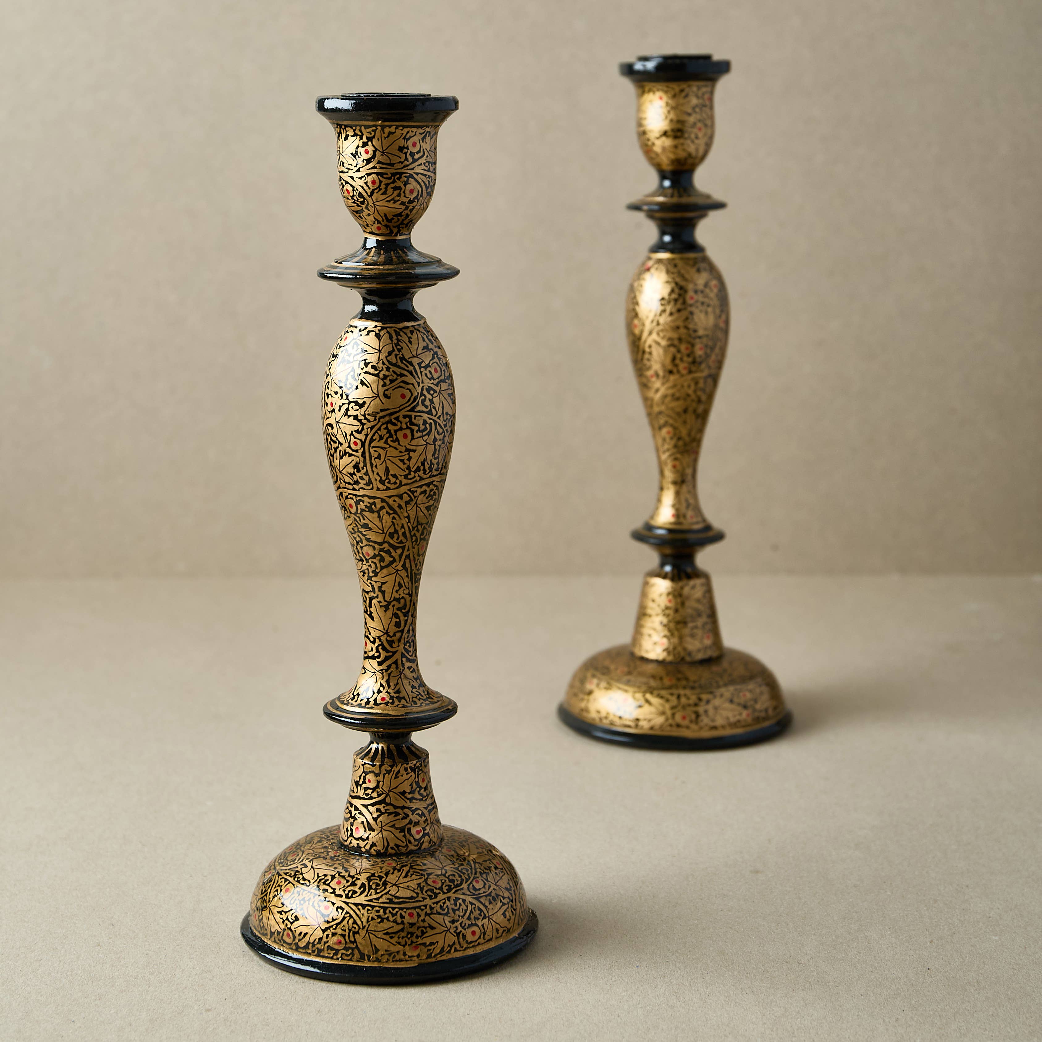 Black and Gold Wooden Candlestick Holder Kashmiri Design 12 Inch