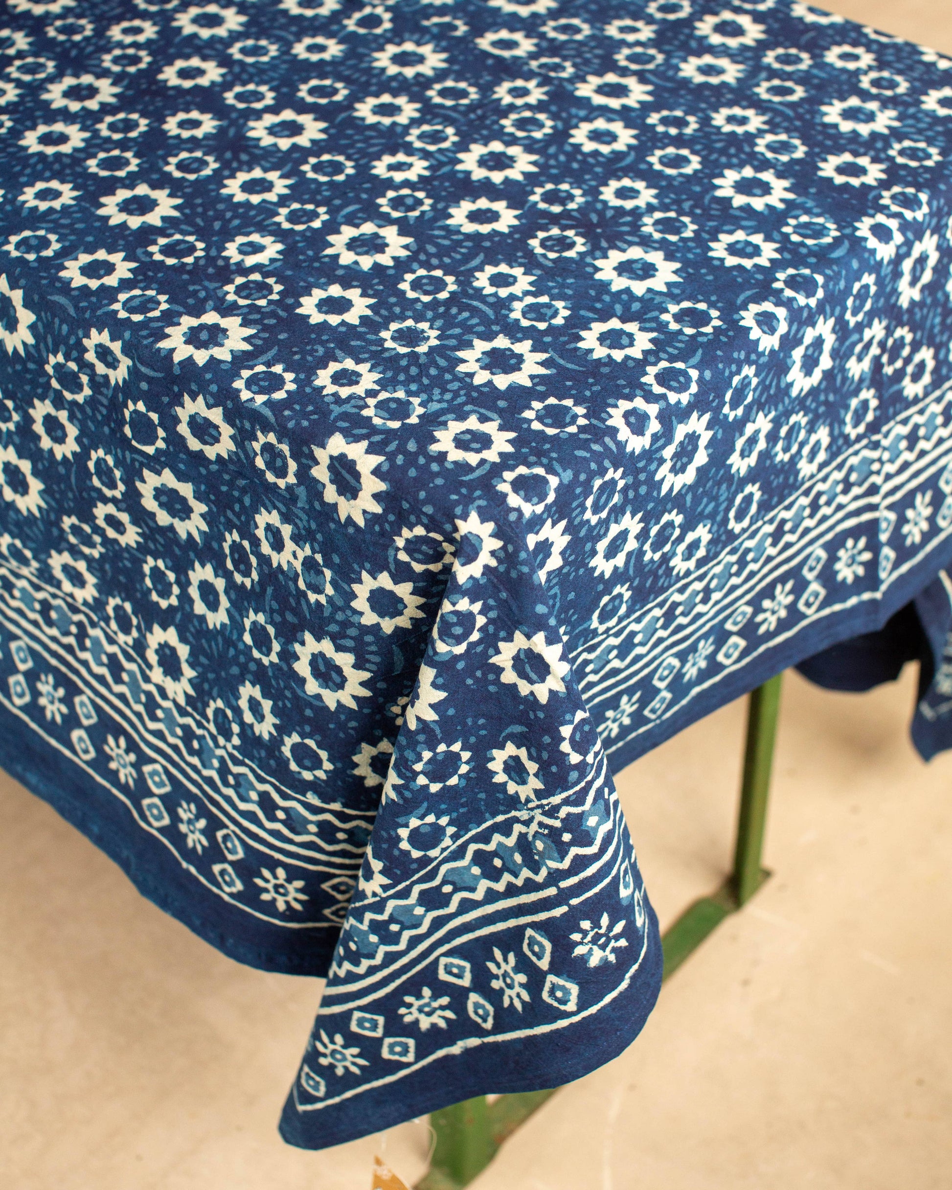 Blue Floral Hand Block Printed Cotton Tablecloth 150 x 220 cm