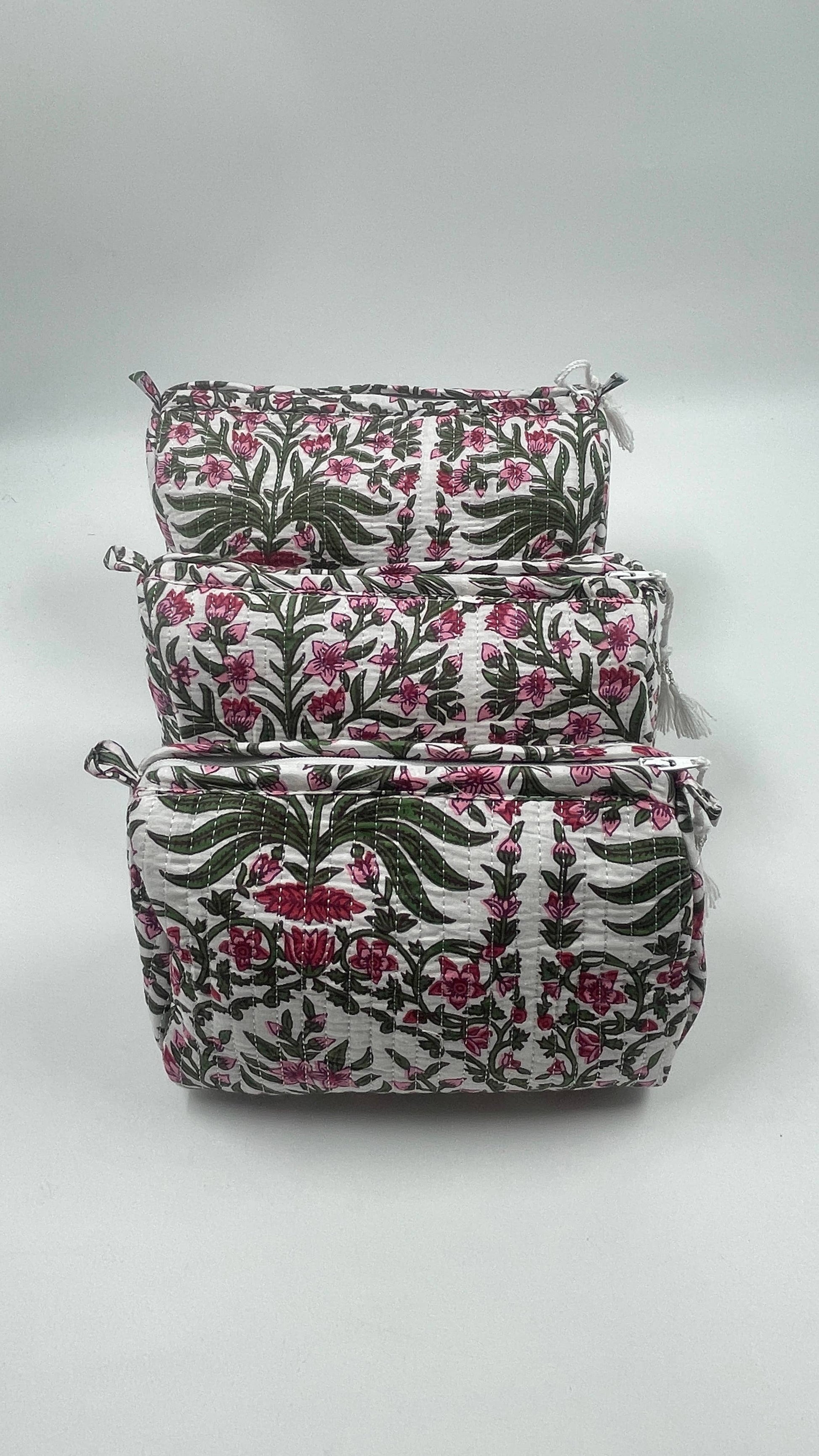 Set of Three Quilted Wash Bags with Pink and Green Floral Print