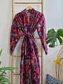 Plum velvet kimono robe with pink and red exotic birds and flowers
