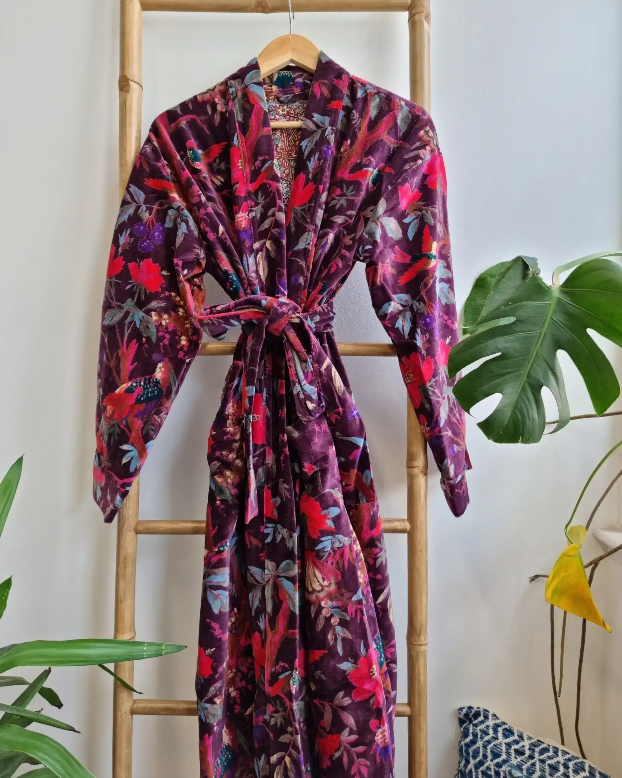 Plum velvet kimono robe with pink and red exotic birds and flowers