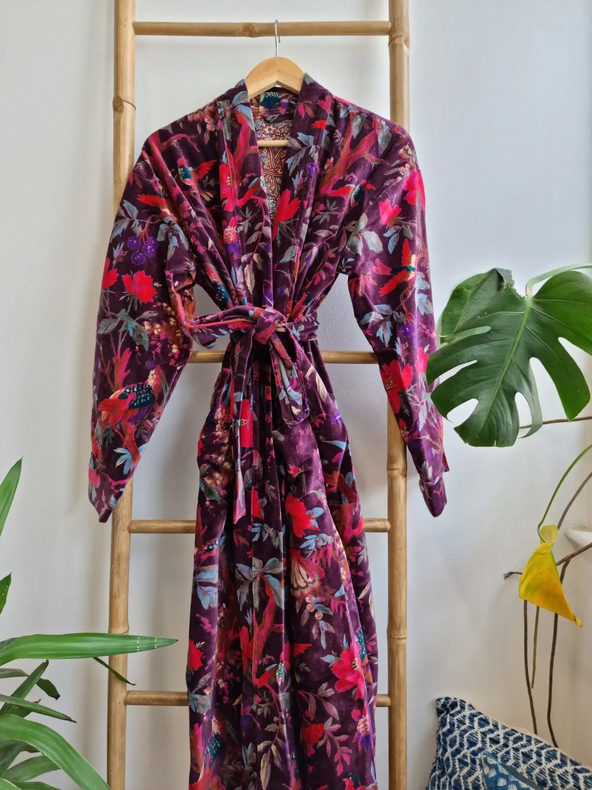 Plum velvet kimono robe with pink and red exotic birds and flowers