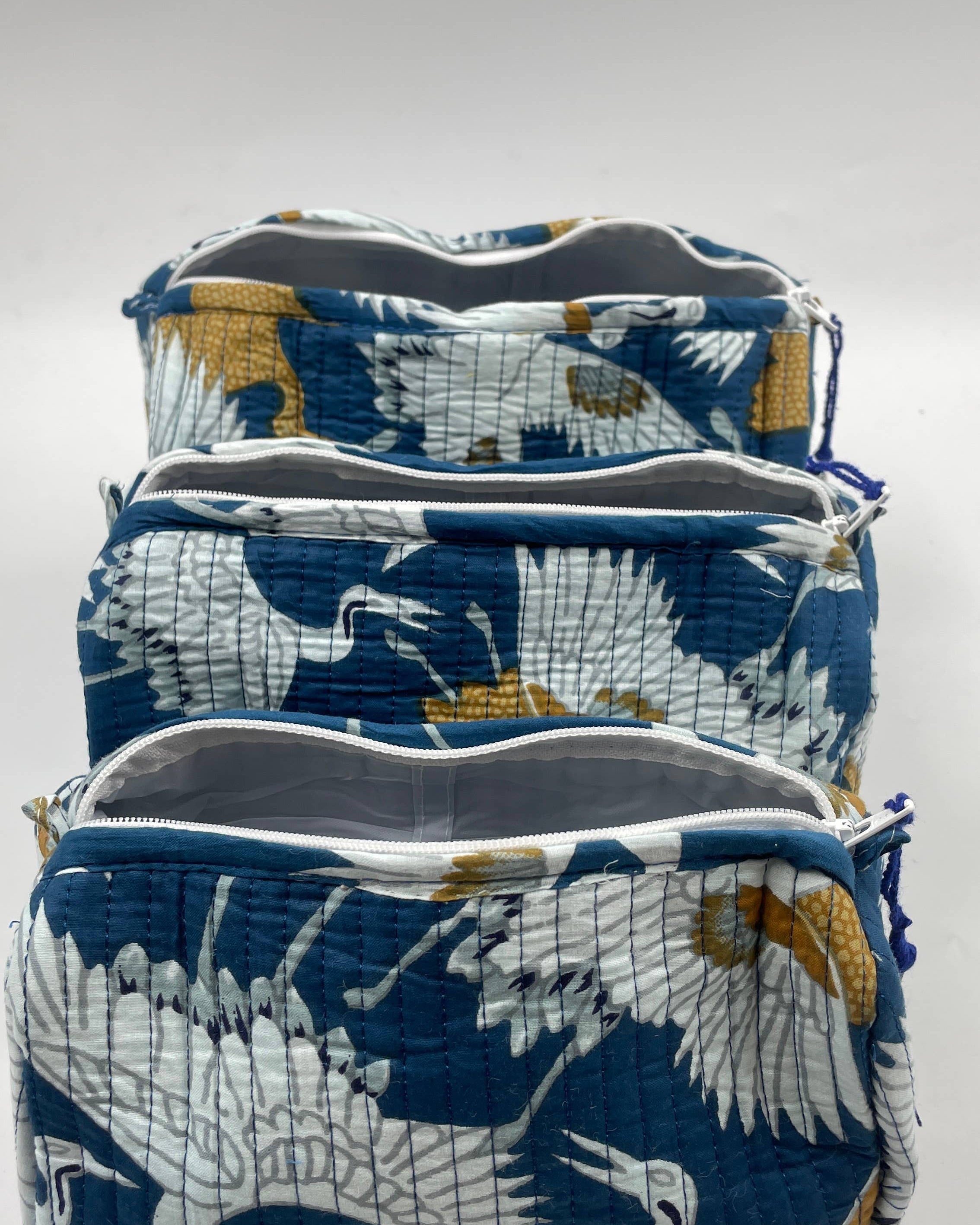 White Crane set of 3 cotton quilted wash bags