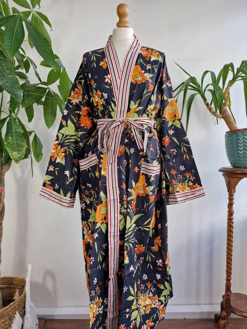 Plus Size Cotton Kimono Robe Black Orange Gardenia Bloom UK 18 24