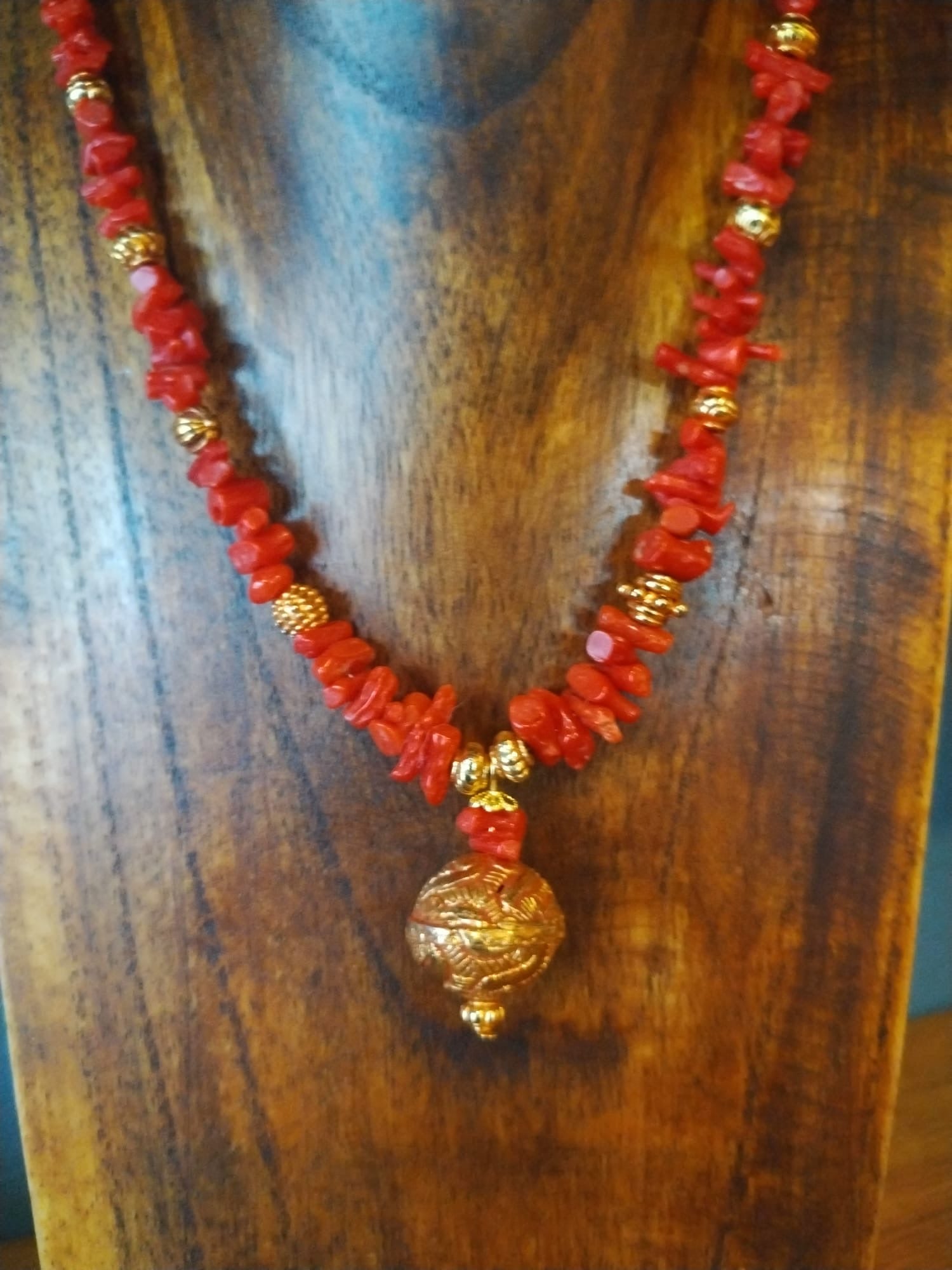 Coral And Gold Necklace With Gold Pendant