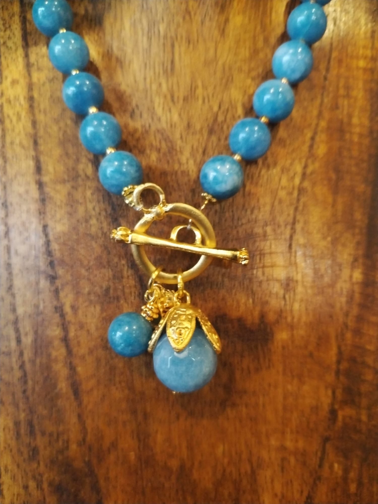 Pale Blue Angelite Necklace with Gold Details and Flower Bud 43cm