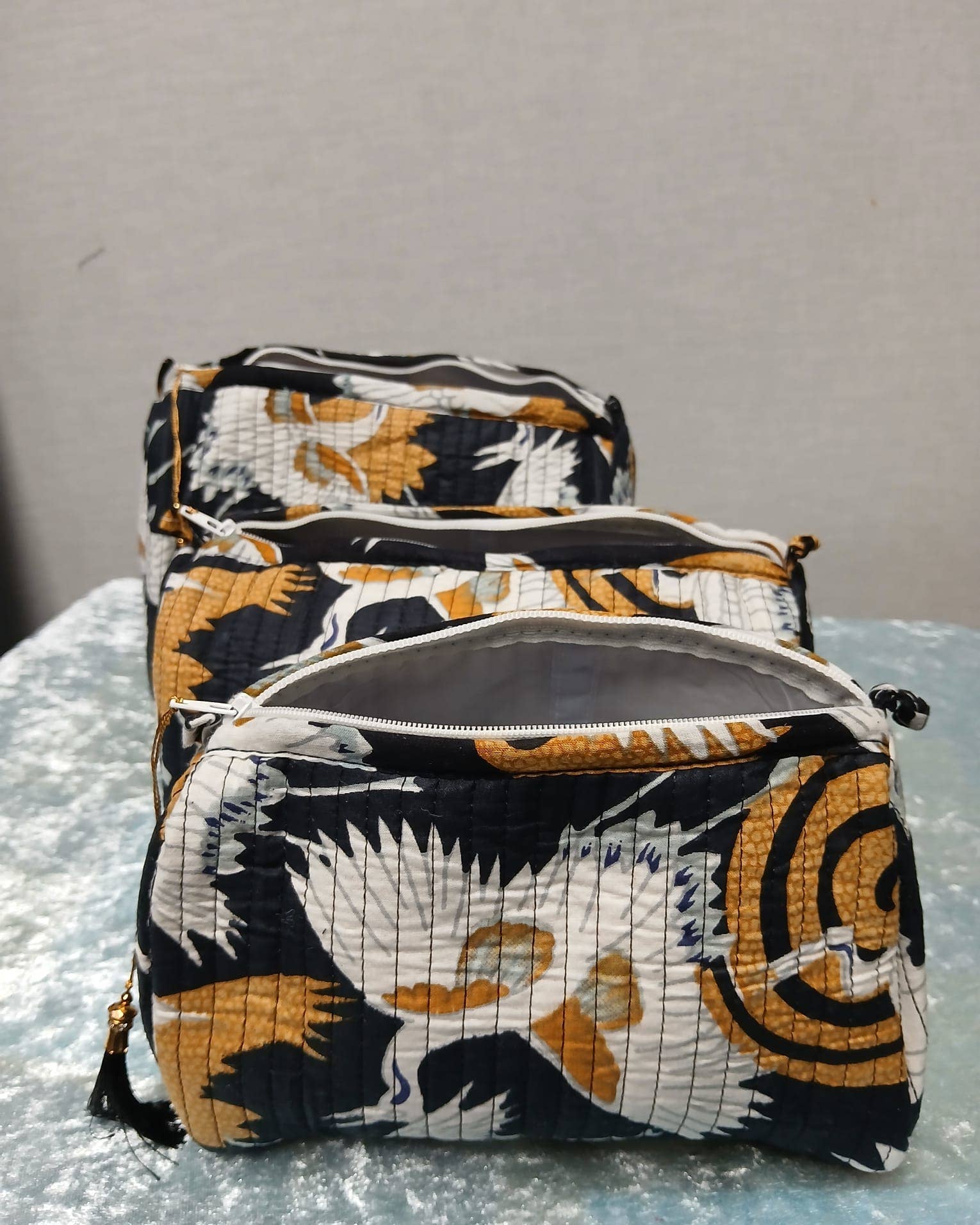 Black Crane Motif Quilted Makeup / Wash Bag Set (Set of 3)