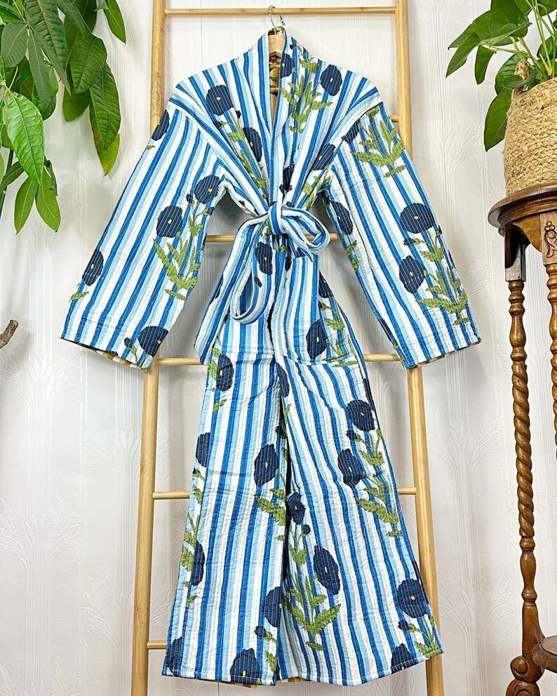 Quilted Cotton Reversible blue & yellow  floral Kimono Robe UK 10 16