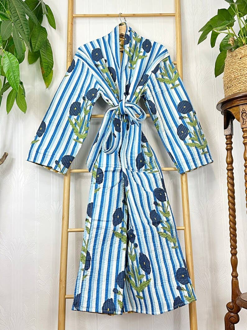 Quilted Cotton Reversible blue & yellow  floral Kimono Robe UK 10 16