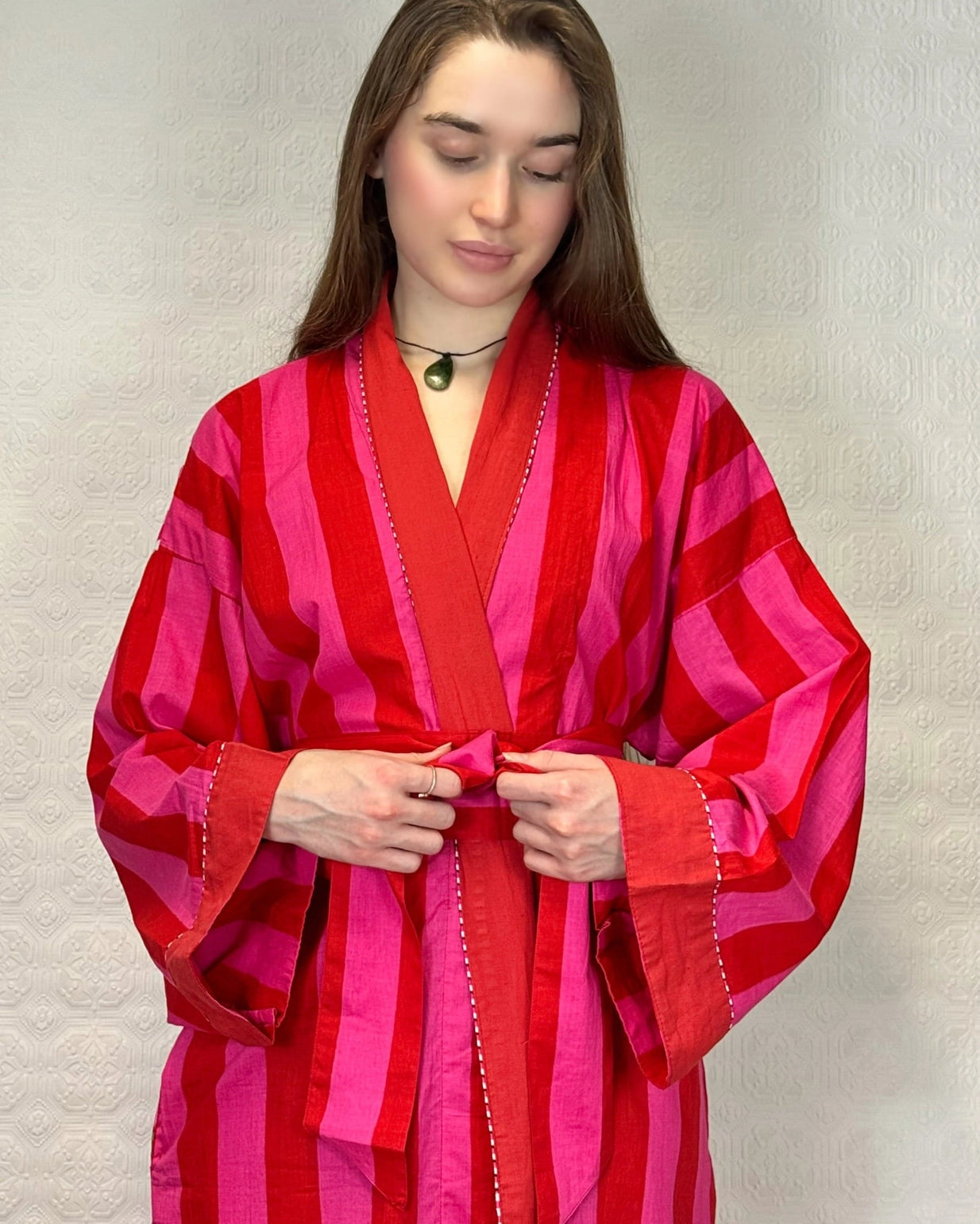 Cotton Robe Pink and Red Stripe With Marigold Design on the back Hand Printed, UK size  8 18