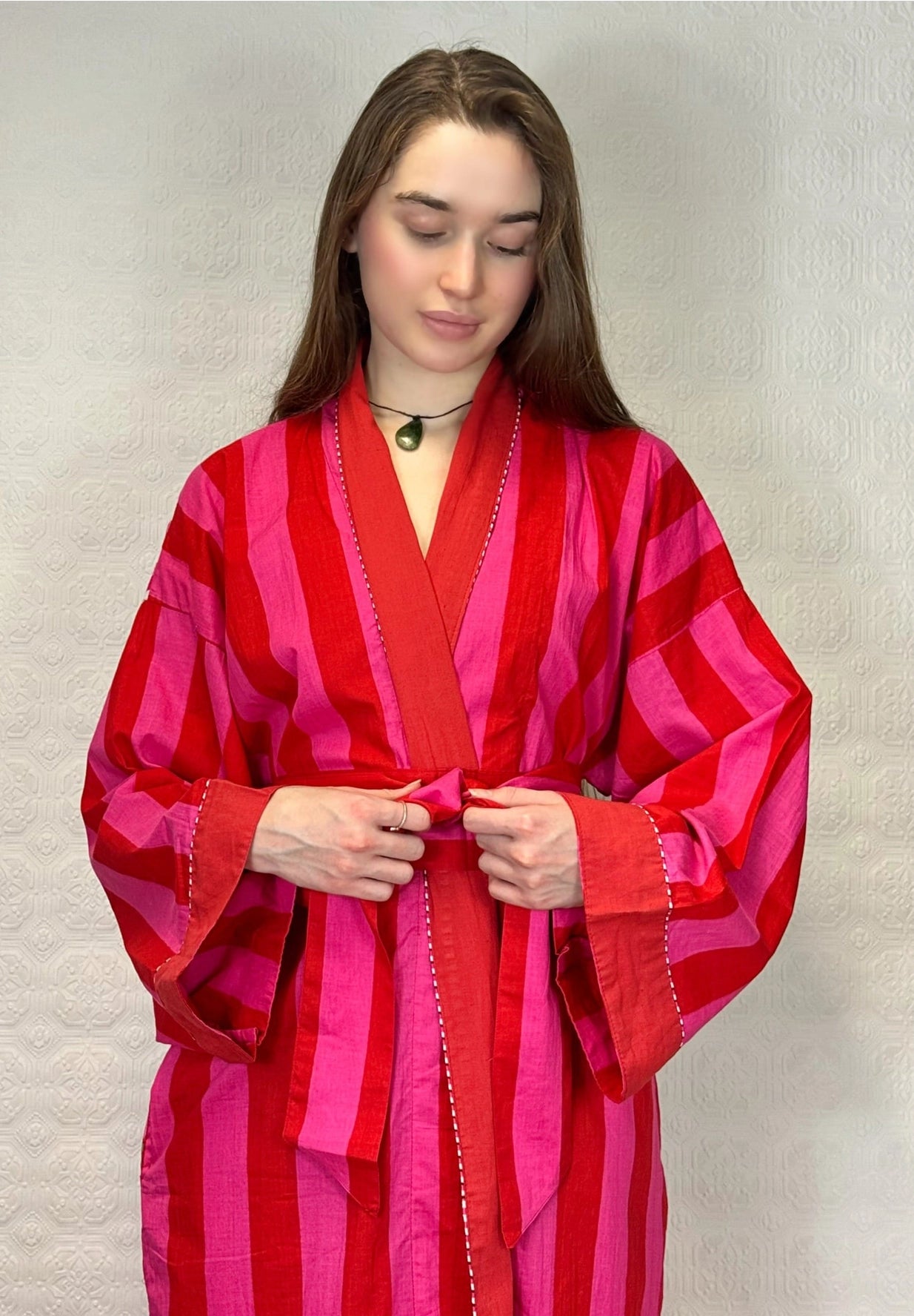 Cotton Robe Pink and Red Stripe With Marigold Design on the back Hand Printed, UK size  8 18