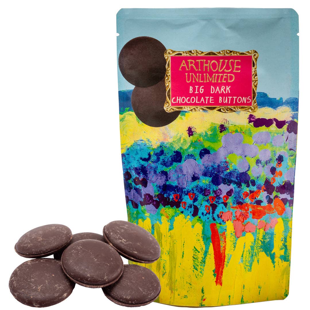 Arthouse Unlimited Big Dark Chocolate Buttons with colorful packaging featuring a floral design.
