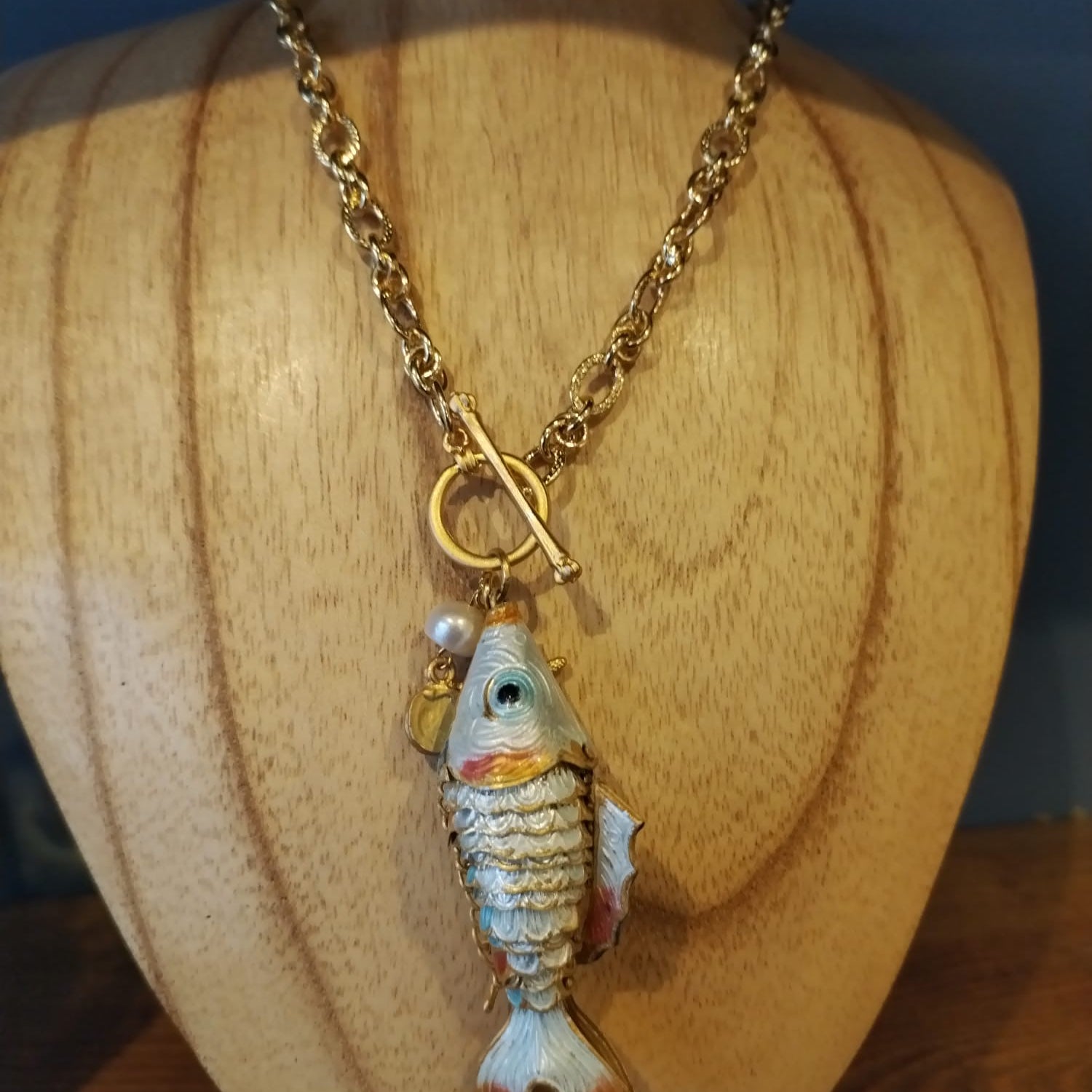 Long Gold Chain Necklace with Enamel Fish Pendant