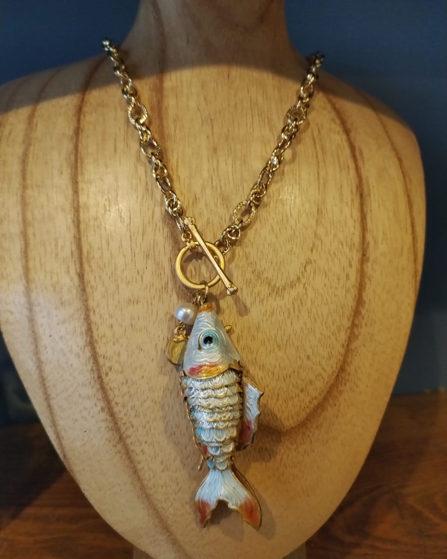 Long Gold Chain Necklace with Enamel Fish Pendant