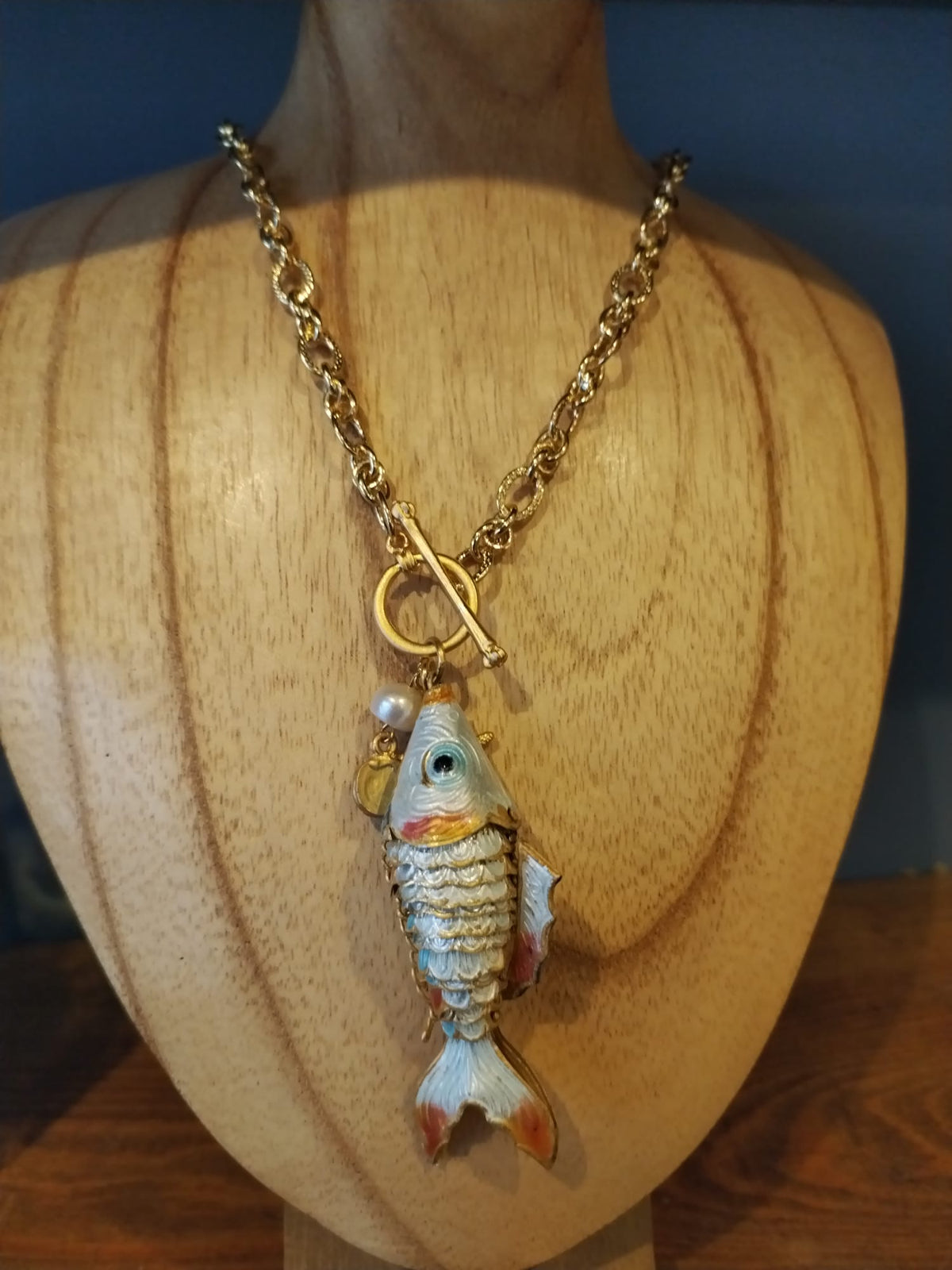 Long Gold Chain Necklace with Enamel Fish Pendant