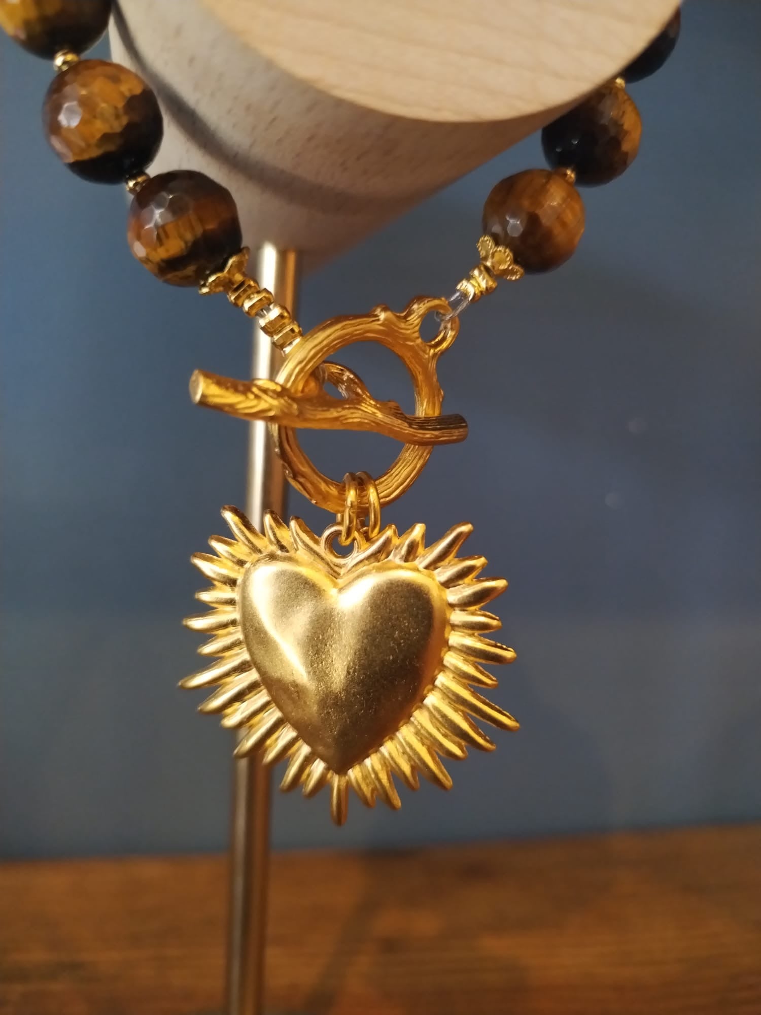 Tiger’s Eye Bracelet with flaming heart Handmade  – 19cm