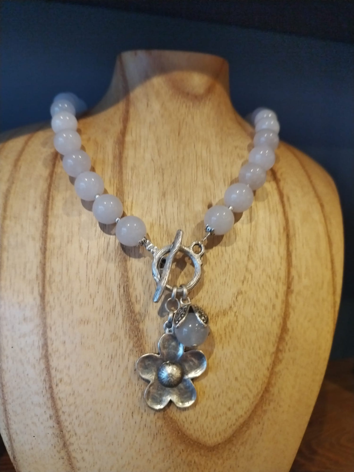 White Agate Necklace with Silver Flower Charm