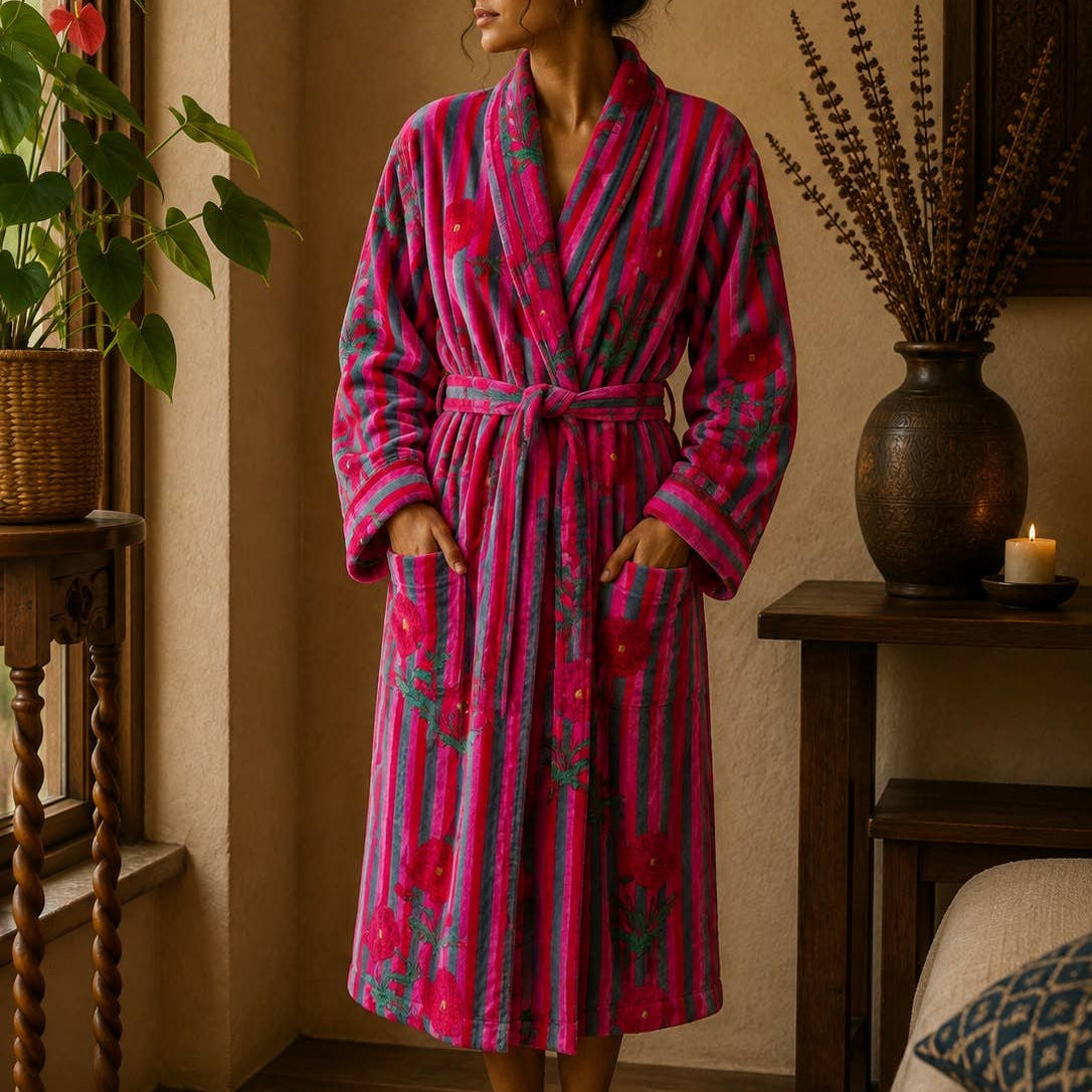 Fuchsia and grey floral stripe velvet long robe