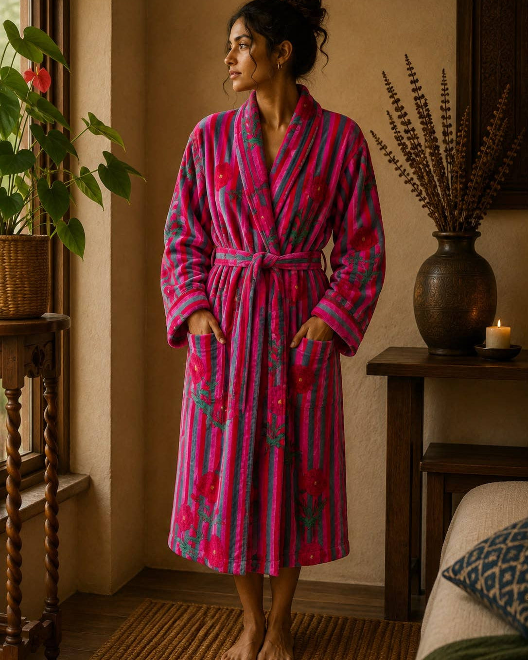 Fuchsia and grey floral stripe velvet long robe