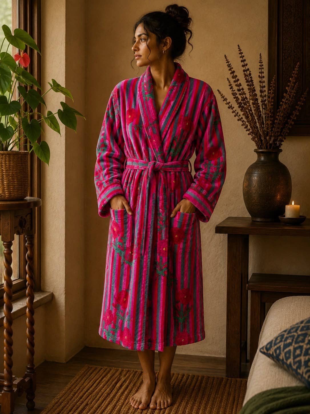 Fuchsia and grey floral stripe velvet long robe