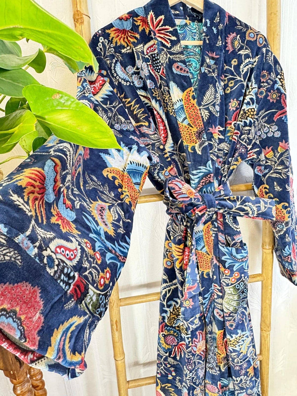 Deep Blue Luxurious Printed Velvet Robe, fully lined