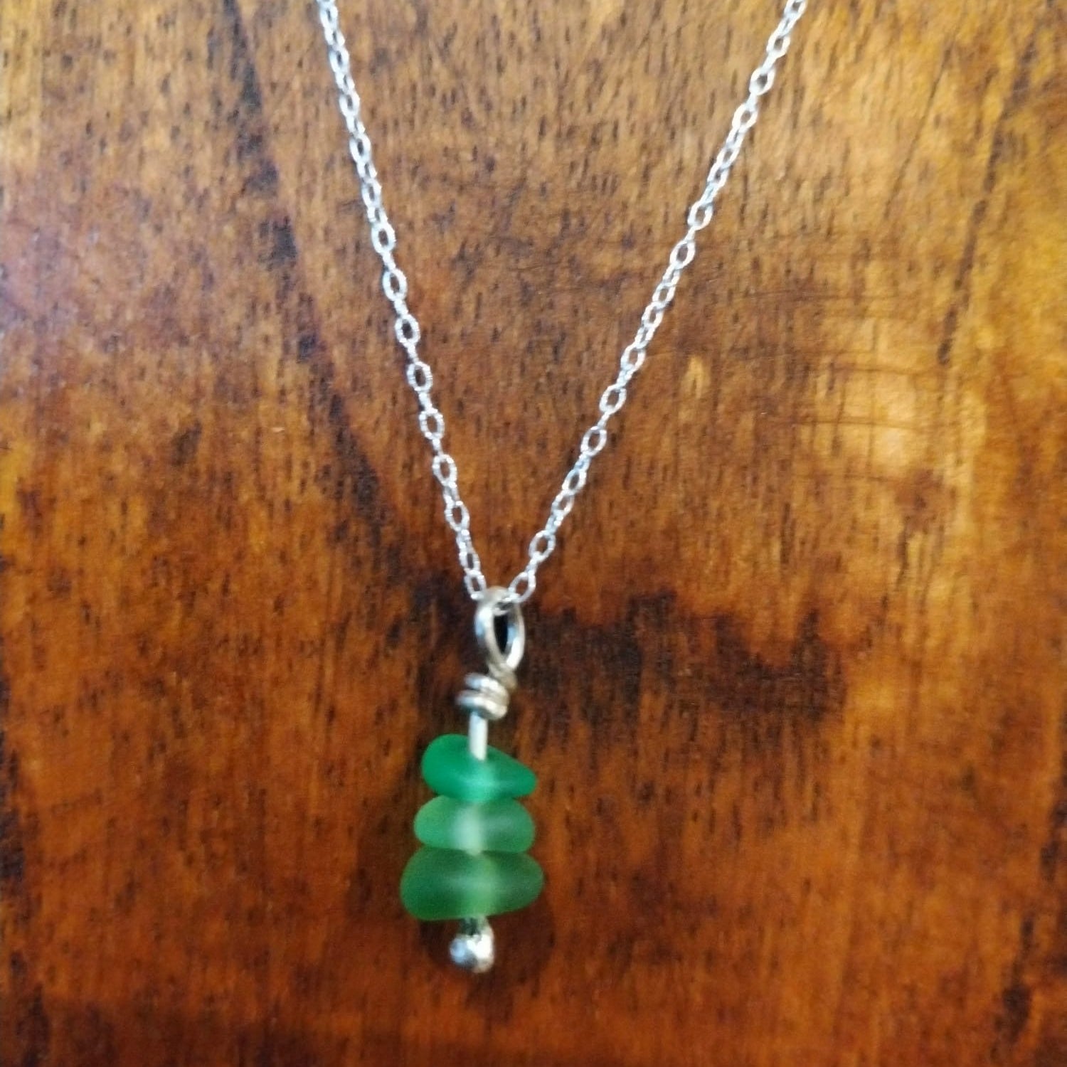 Green Sea Glass Necklace – Three Bead Sterling Silver Pendant