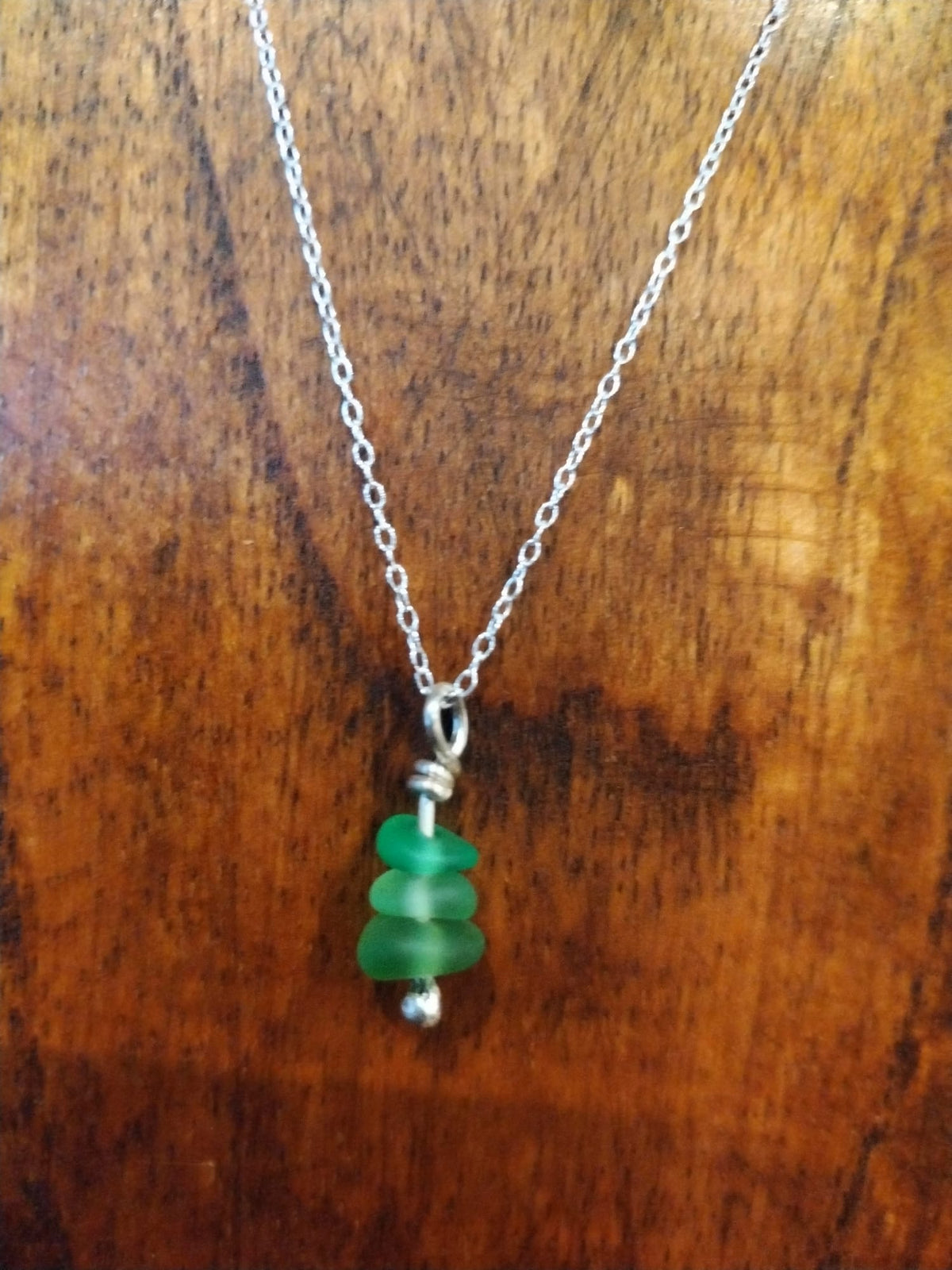 Green Sea Glass Necklace – Three Bead Sterling Silver Pendant