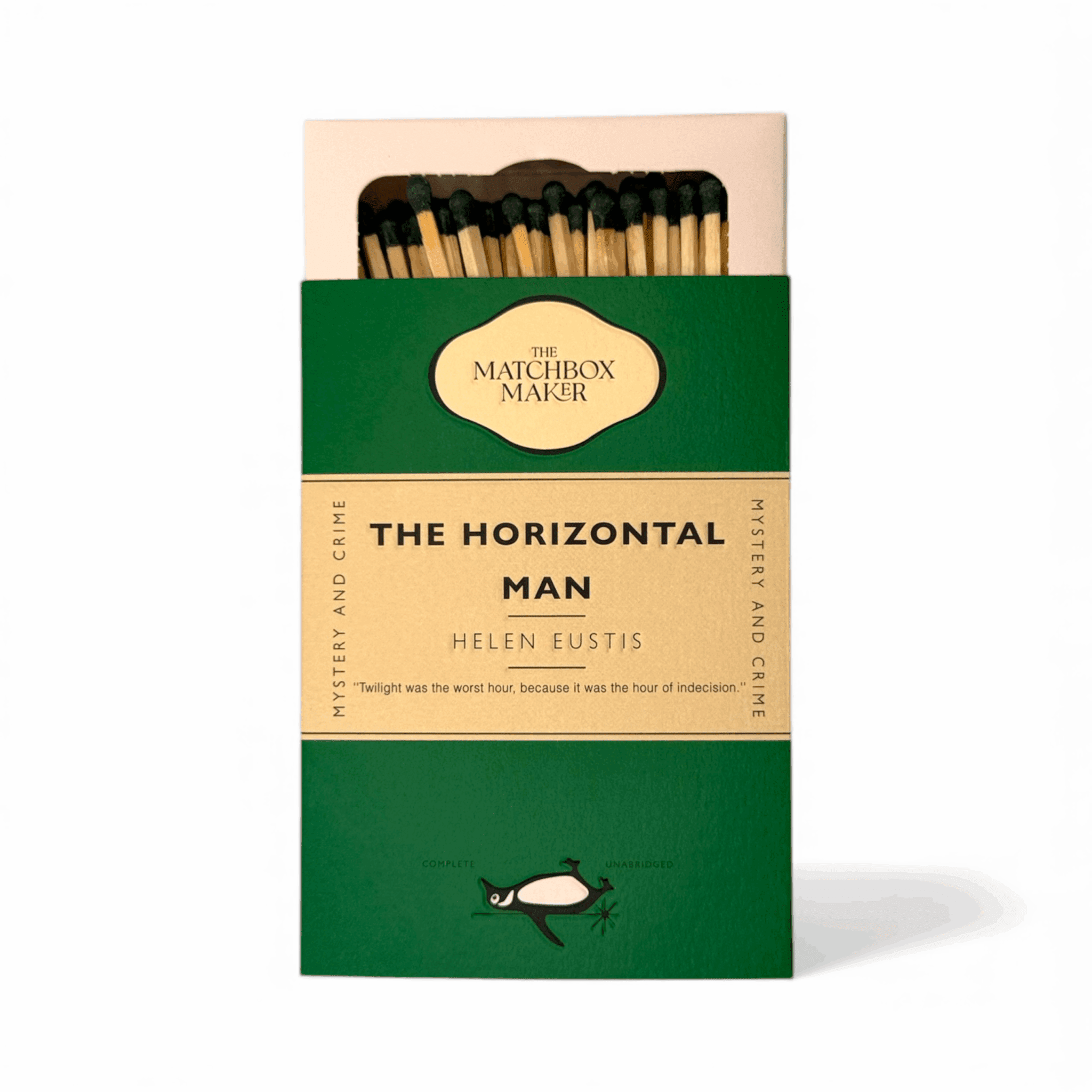 Horizontal Man Faux Penguin Book Cover Luxury Matchbox – 125 Extra Long Matches (13cm)