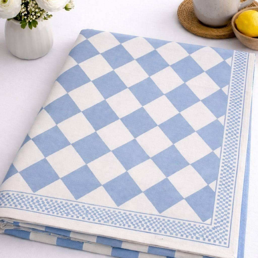 Sky Blue Check Cotton Tablecloth