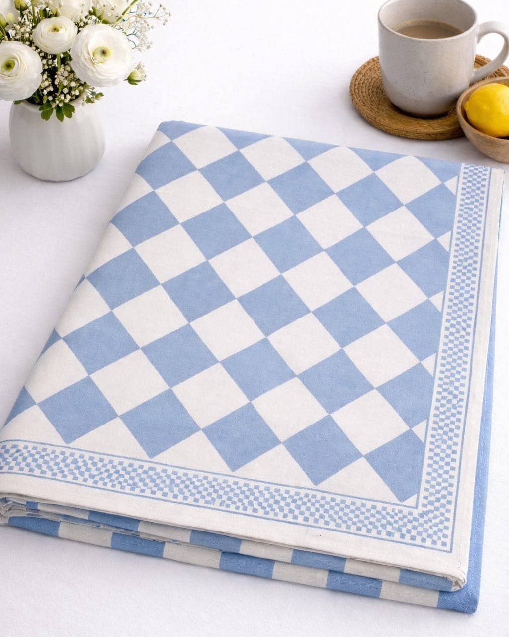 Sky Blue Check Cotton Tablecloth