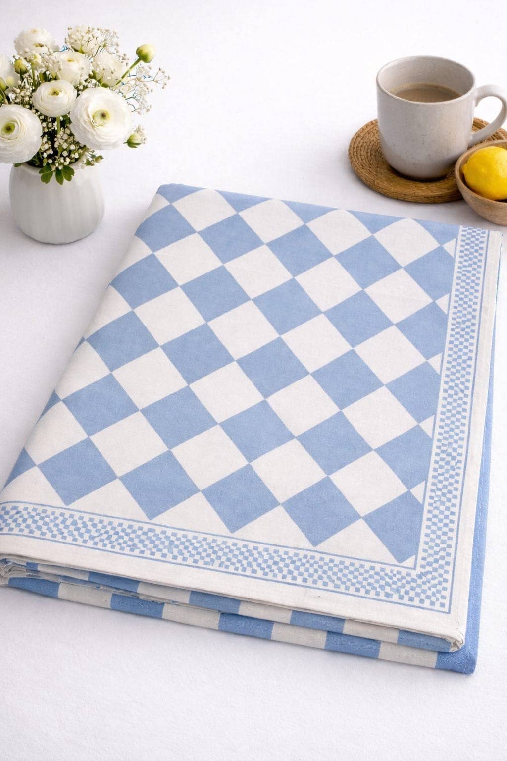 Sky Blue Check Cotton Tablecloth