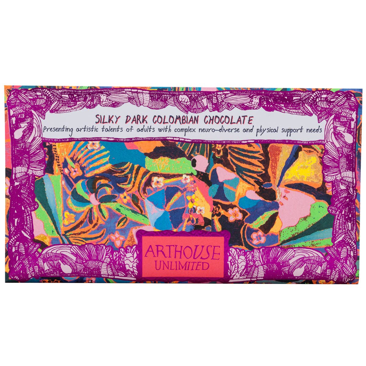 Colorful chocolate bar packaging with artistic design and 'Arthouse Unlimited' branding.